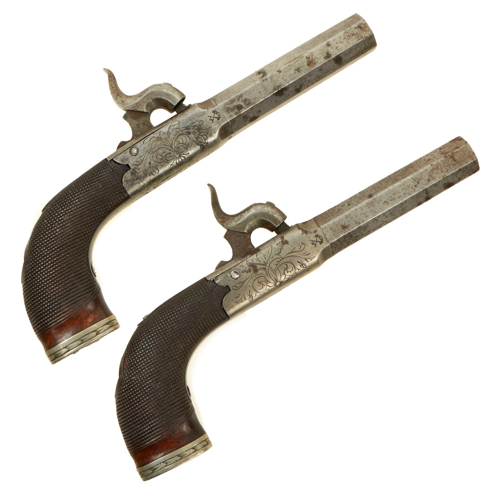 Buy Original British Victorian Matched Pair of Percussion Vest Pocket Pistols with Fold-out Triggers Circa 1845 - Both Marked 36 | Original Firearms Antique For Sale