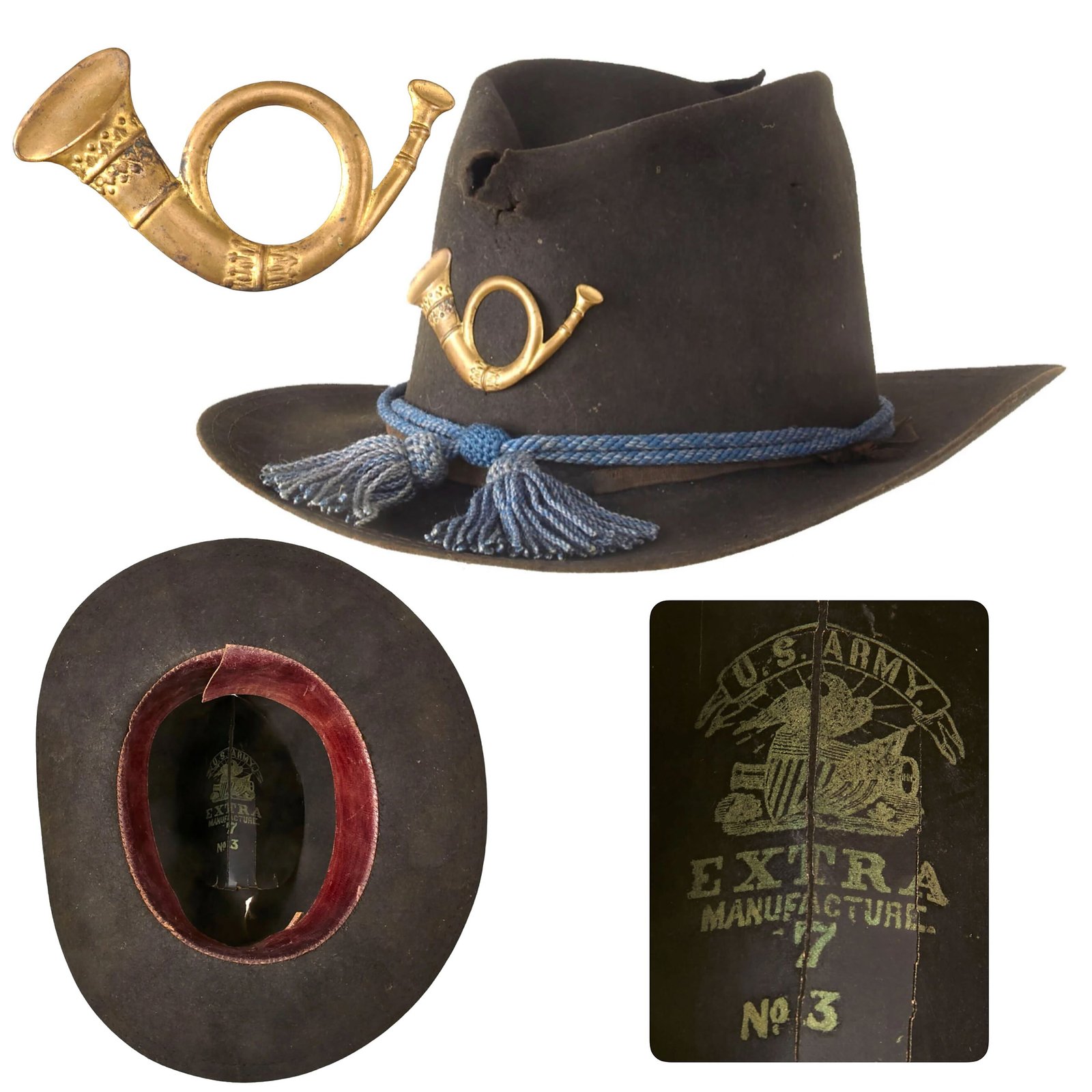 Buy Original U.S. Civil War Army Infantry Enlisted Man’s Model 1858 “Jeff Davis” Hardee Hat with Blue Cord & Period Center Crease - Size 3 | Original Firearms Antique For Sale