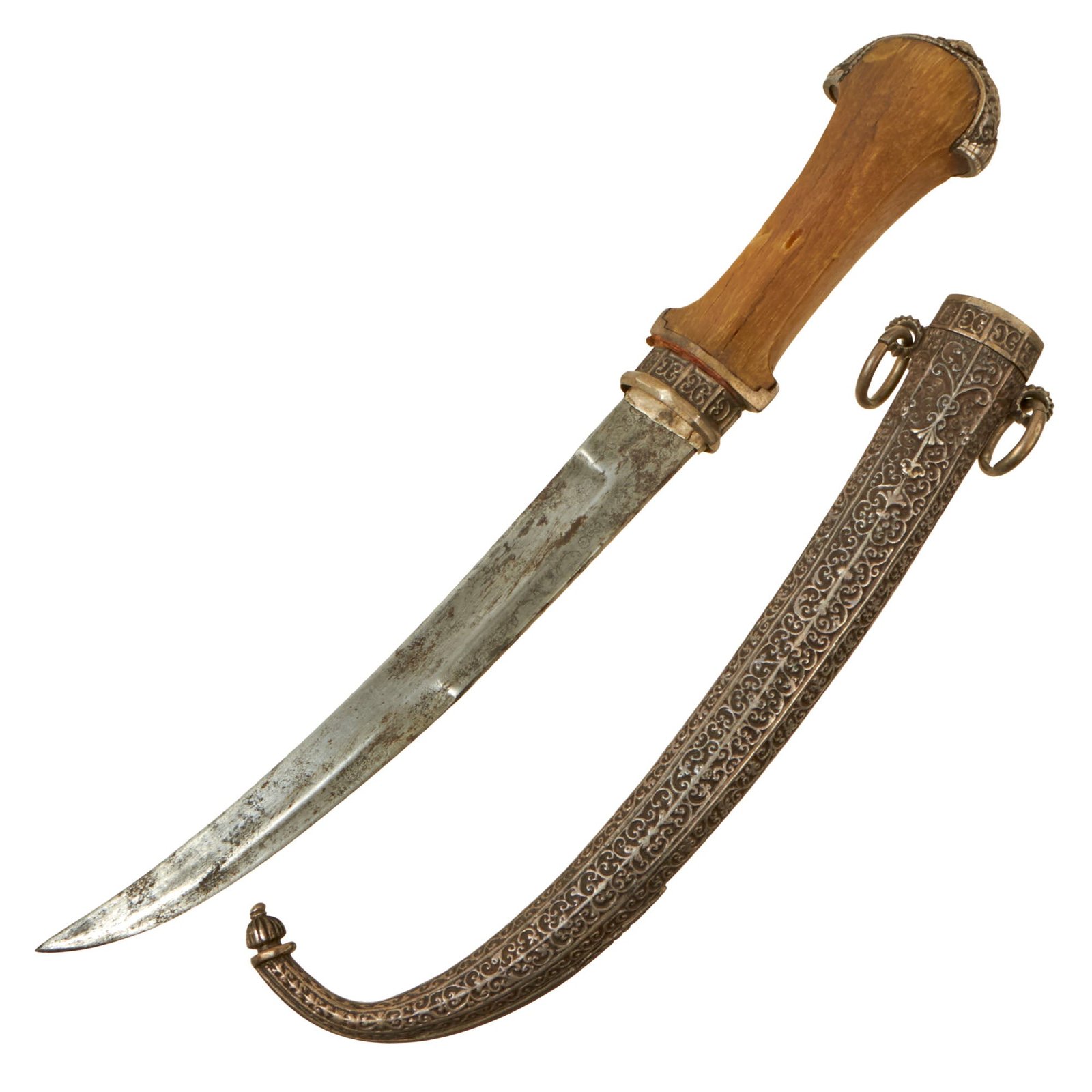 Buy Original 19th Century North African Silver Mounted Jambiya Dagger with Silver Clad Scabbard & Horn Handle c. 1860 | Original Firearms Antique For Sale