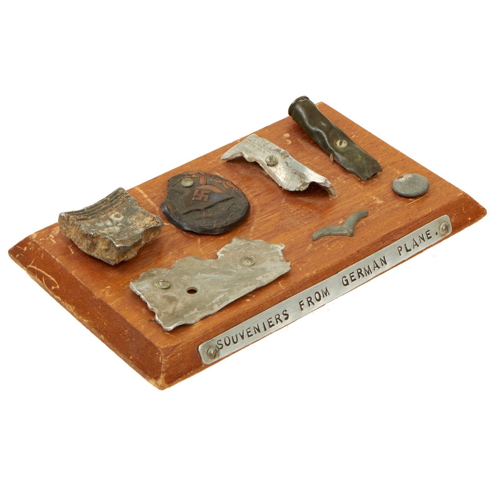 Buy Original U.S. WWII GI-Made Souvenir Board of Items Recovered from Wreck of German Aircraft - Wound Badge & Aircraft Aluminum | Original Firearms Antique For Sale