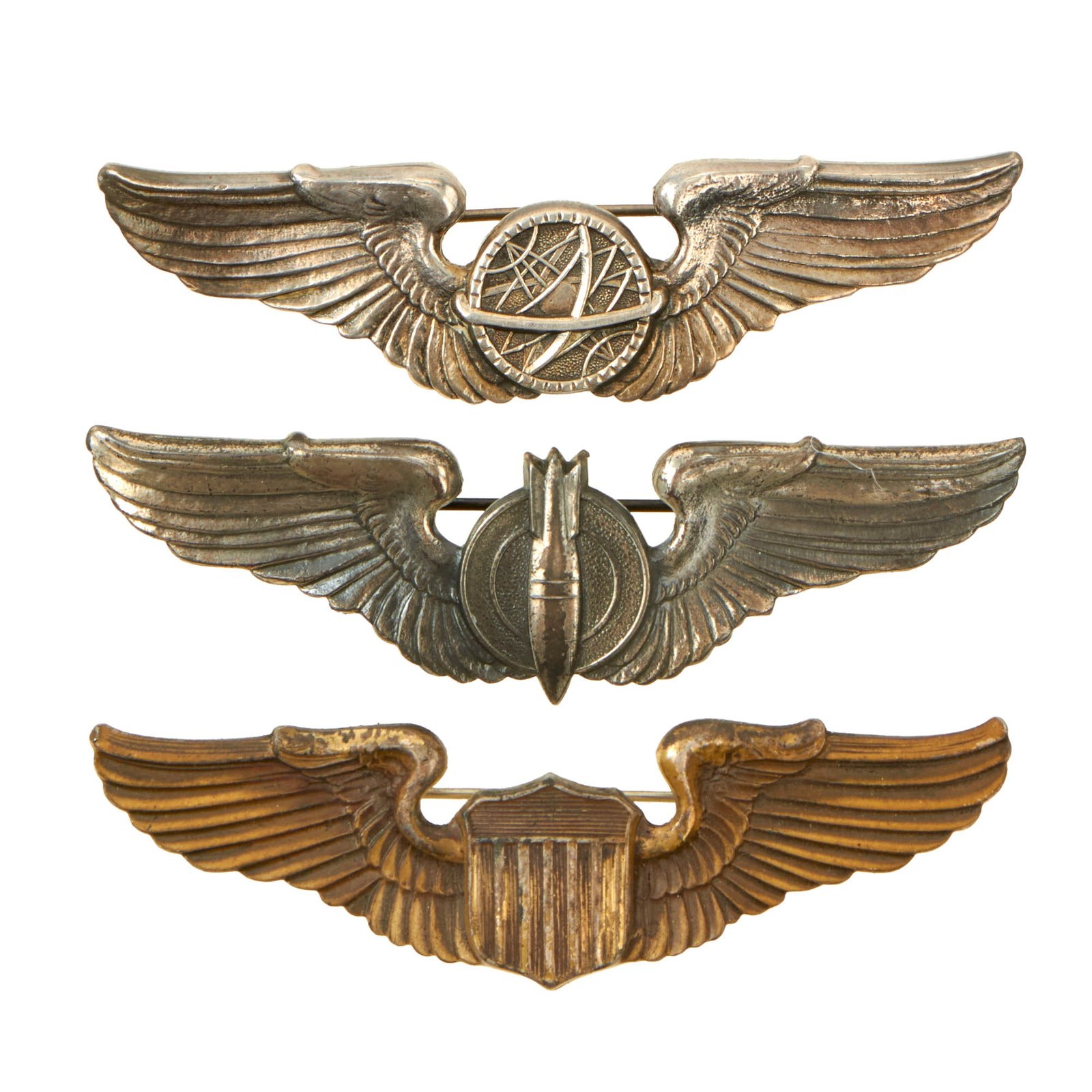 Buy Original U.S. WWII Army Air Force USAAF Set of 3 Maker-Marked Aviator Pilot, Navigator, and Bombardier Wings by American Emblem Co. & Amcraft - Sterling Silver | Original Firearms Antique For Sale