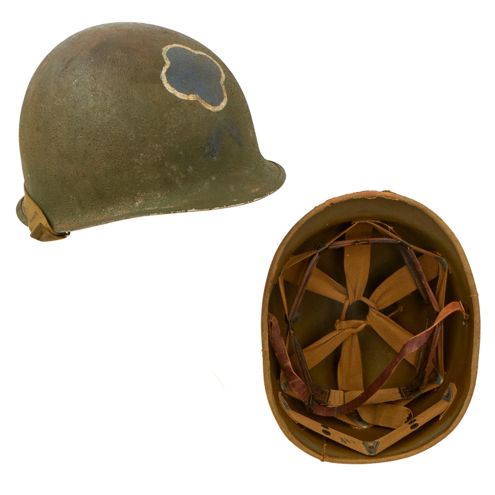 Buy Original U.S. WWII “Blue Devils” 88th Infantry Division Painted McCord Fixed Bale M1 Helmet with Scarce Matching Hawley Paper Co. Liner - Initialed FRP | Original Firearms Antique For Sale