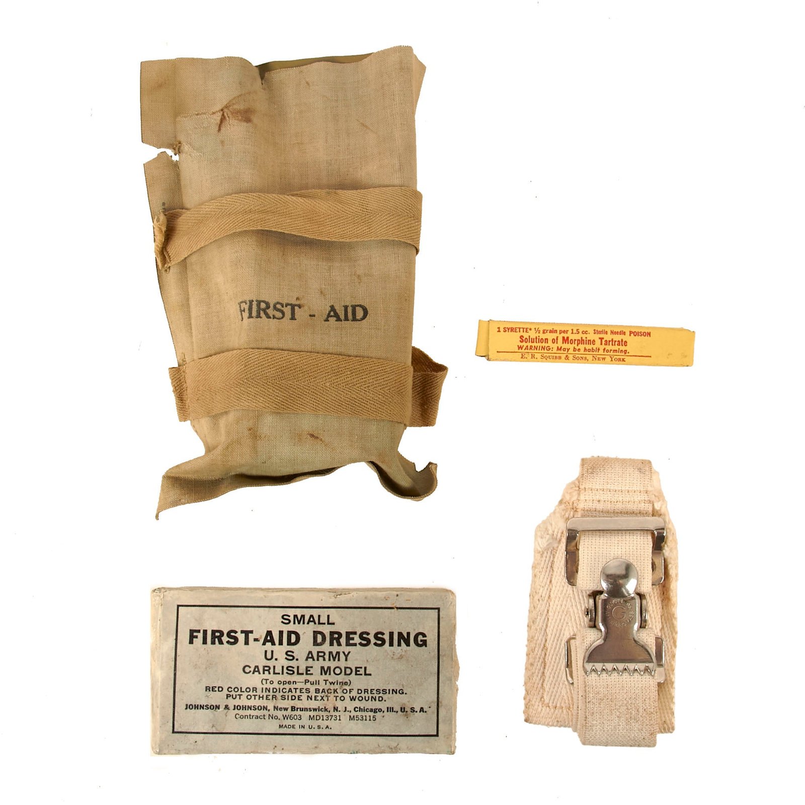 Buy Original U.S. WWII Paratrooper Medical Bandage 2nd Pattern First Aid Packet Opened with Contents | Original Firearms Antique For Sale