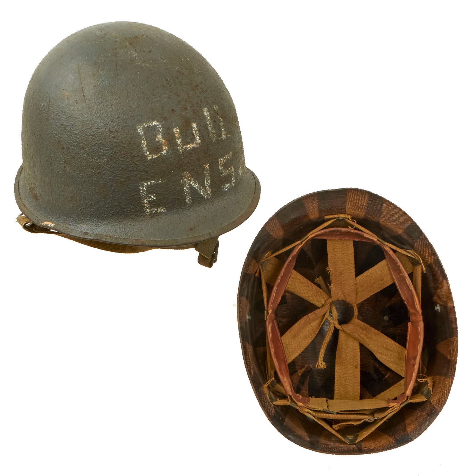 Buy Original WWII U.S. Navy “Bull Ensign” Painted Front Seam Swivel Bale Schlueter M1 Helmet Complete with CAPAC Liner | Original Firearms Antique For Sale