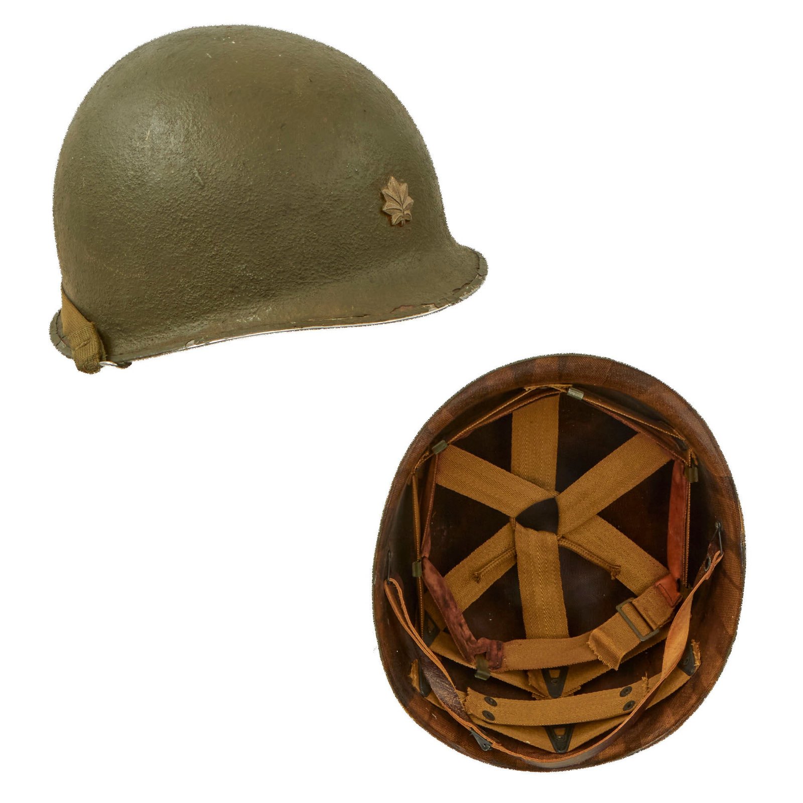 Buy Original U.S. WWII Complete M1 McCord Swivel Bale Front Seam Helmet with Brazed Major’s Insignia & Matching International Molded Plastics Liner | Original Firearms Antique For Sale