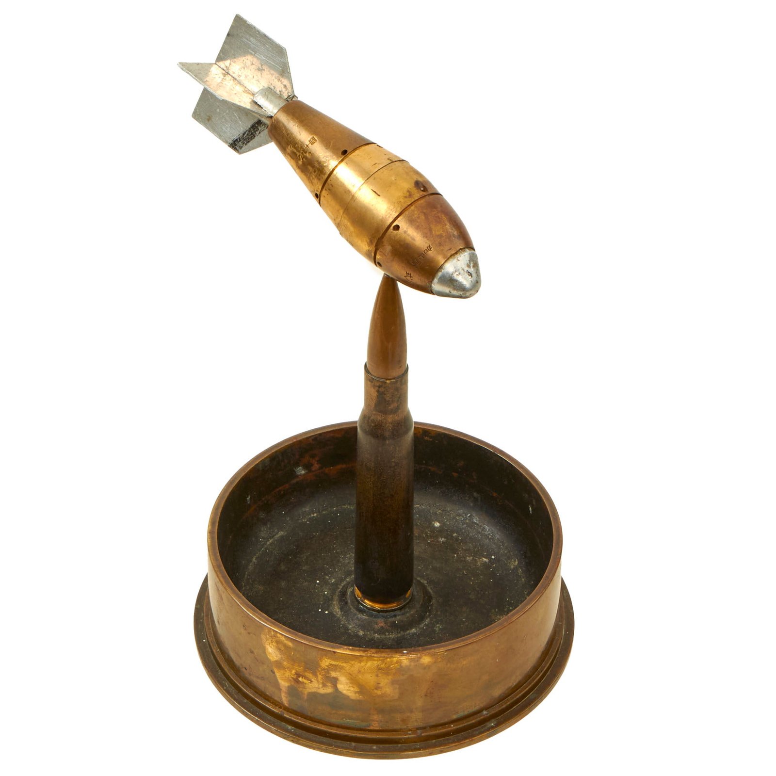 Buy Original U.S. WWII Trench Art Ashtray With “Bomb” Constructed Out of Multiple Type 88 Fuses With US 90mm Base | Original Firearms Antique For Sale