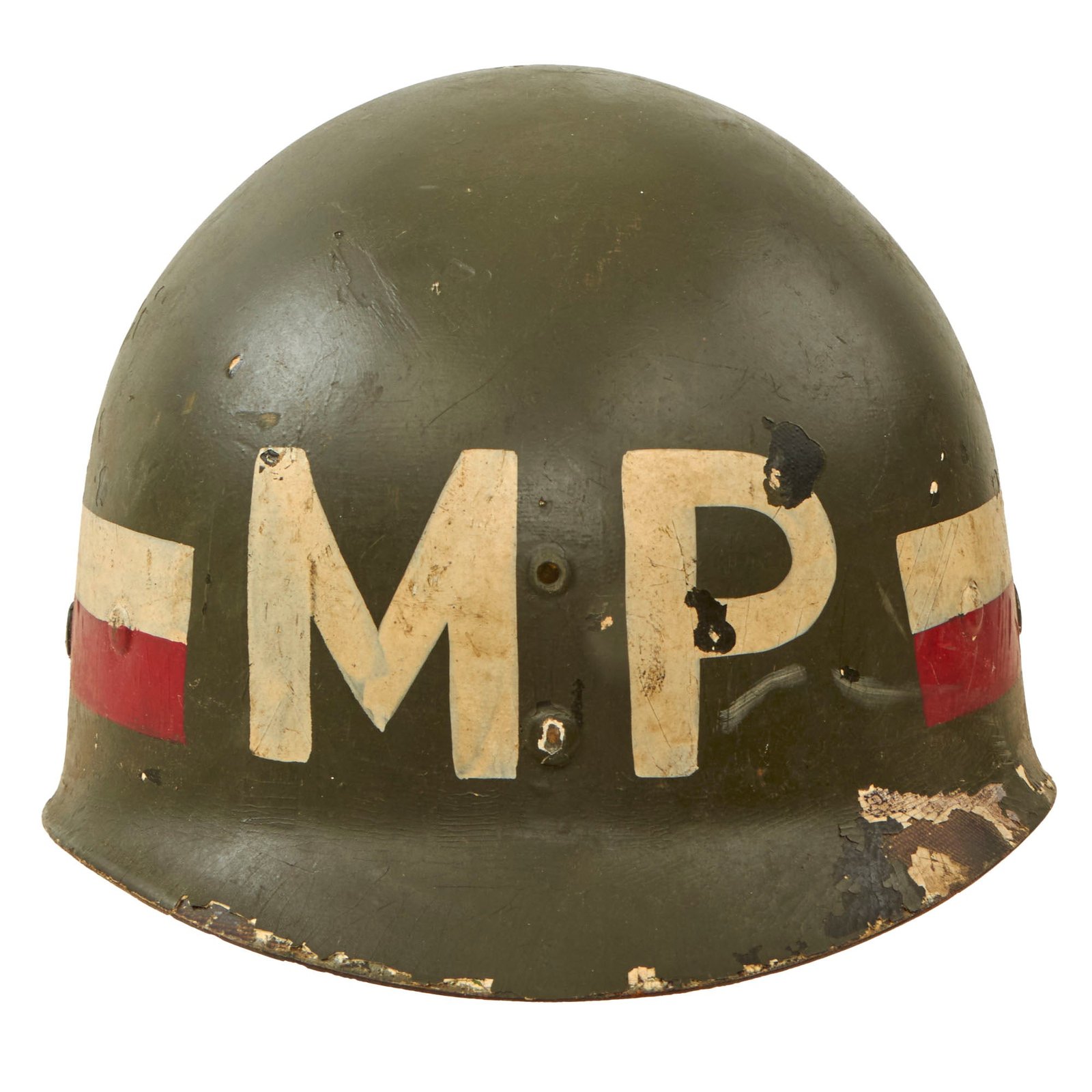 Buy Original U.S. Vietnam War 504th Military Police Battalion Worn WWII M1 Helmet Liner by Firestone - Unit Saw Combat in Vietnam | Original Firearms Antique For Sale