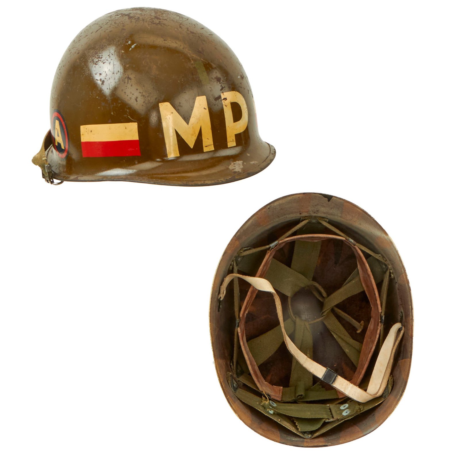 Buy Original U.S. Vietnam War 18th Airborne Corps & 3rd Army Military Police Battalion Lieutenant’s Ingersoll M1 Helmet with Westinghouse / CAPAC Liner and Chin Strap | Original Firearms Antique For Sale