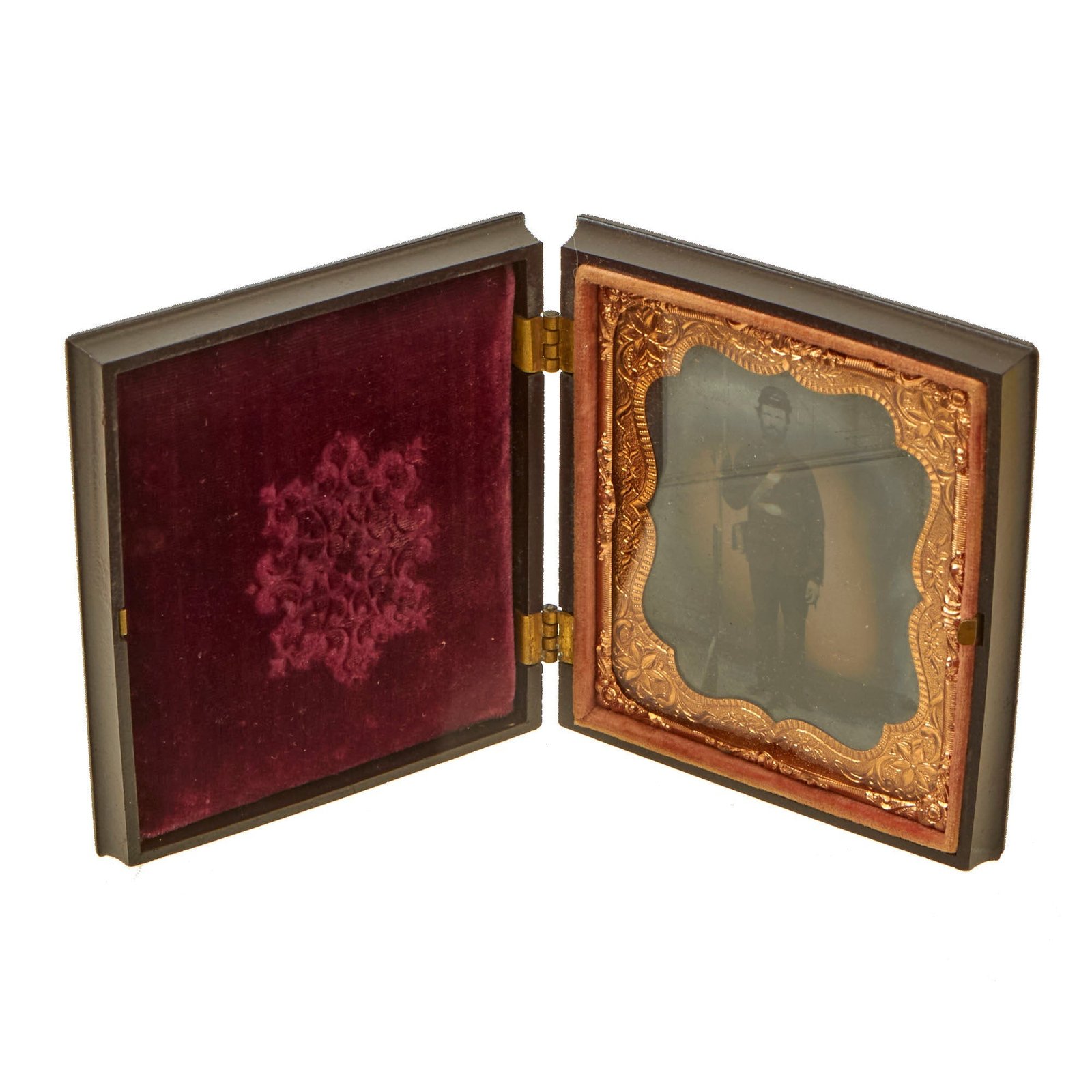 Buy Original U.S. Civil War Sixth Plate Tintype of Standing Union Infantry Soldier with 1861 Springfield Rifle & Kepi in Complete Thermoplastic Case | Original Firearms Antique For Sale