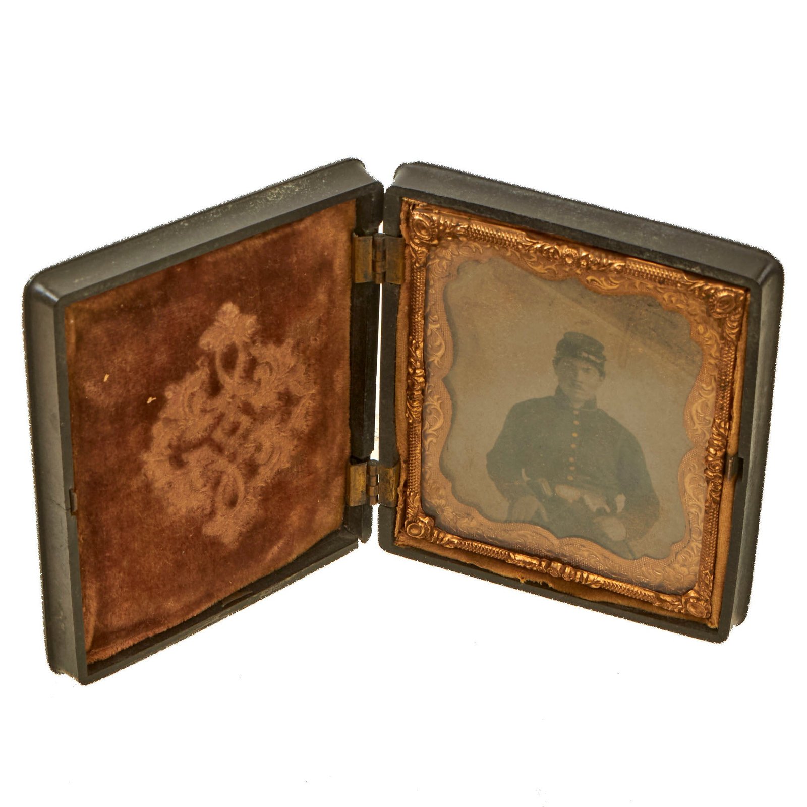 Buy Original U.S. Civil War Sixth Plate Tintype of Union Infantry Soldier with Kepi in Complete Thermoplastic Case by Holmes, Booth and Haydens | Original Firearms Antique For Sale