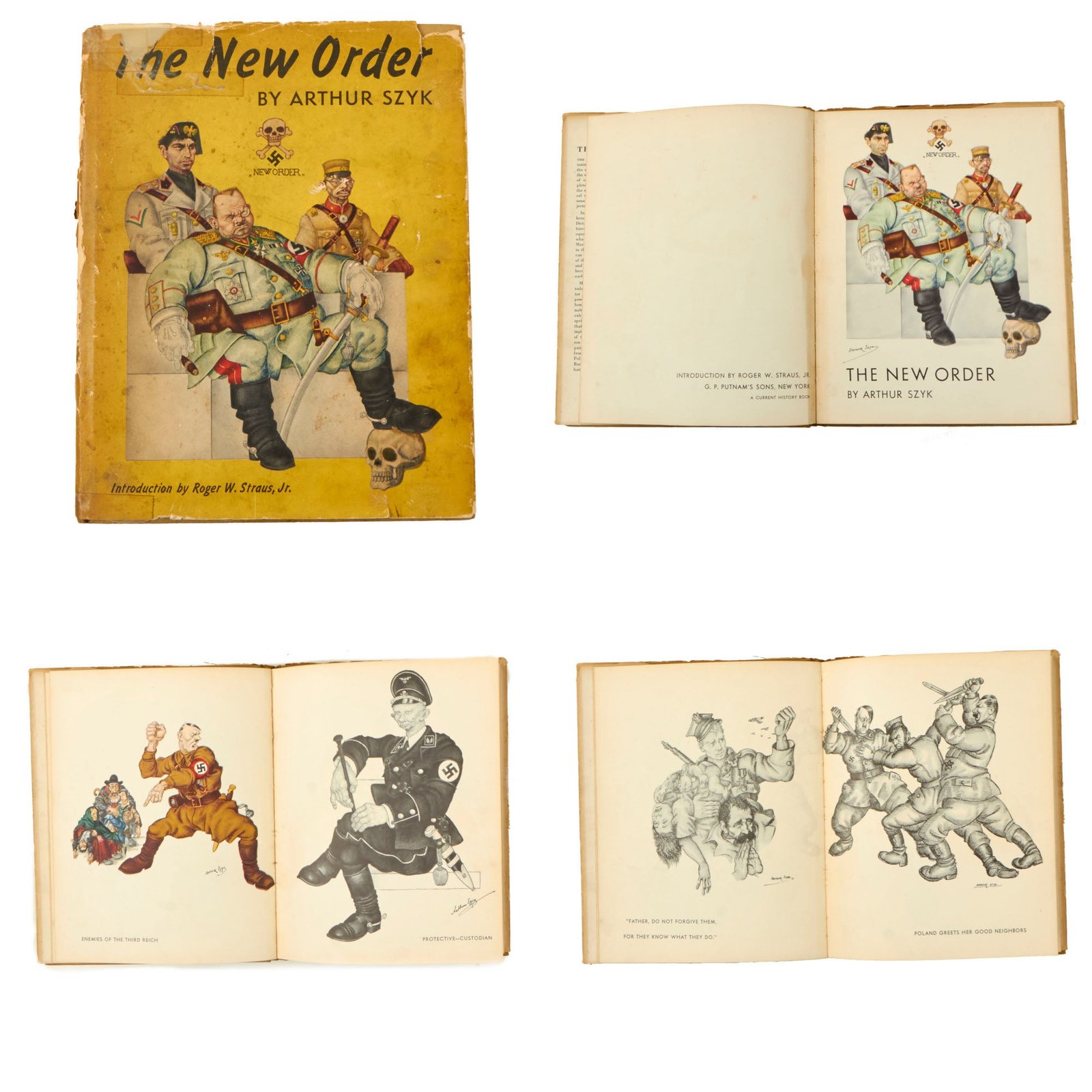 Buy Original U.S. Pre WWII 1st Edition "The New Order" Anti-Axis Political Cartoon Collection Book by Arthur Szyk with Worn Dust Cover | Original Firearms Antique For Sale