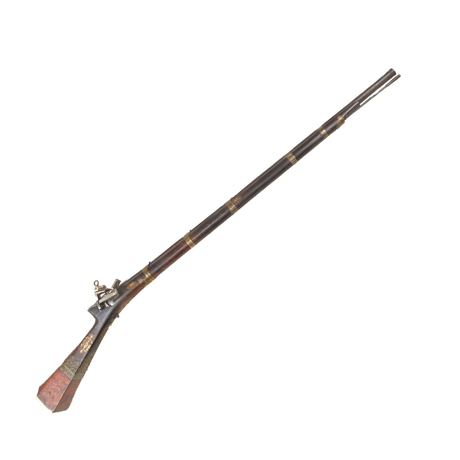 Buy Original Ottoman Empire Miquelet Lock Brass Decorated Shishana Musket with Ball Trigger and Burl Butt Stock - Circa 1780 | Original Firearms Antique For Sale