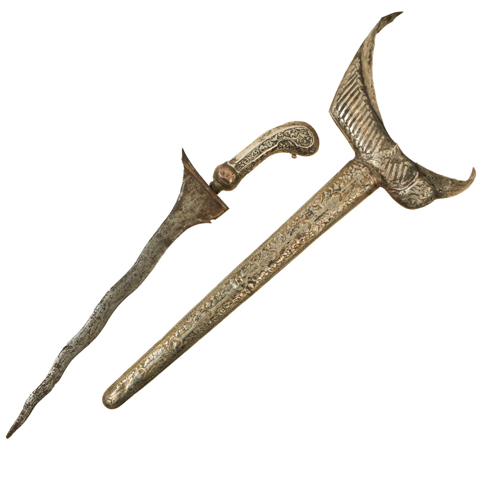 Buy Original 19th Century Balinese Indonesian Kris Dagger With Ornately Carved Silver-Clad Scabbard | Original Firearms Antique For Sale
