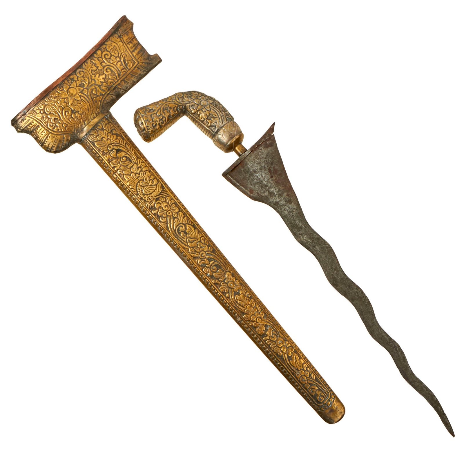 Buy Original 19th Century Balinese Indonesian Kris Dagger With Ornately Carved Brass-Clad Scabbard | Original Firearms Antique For Sale