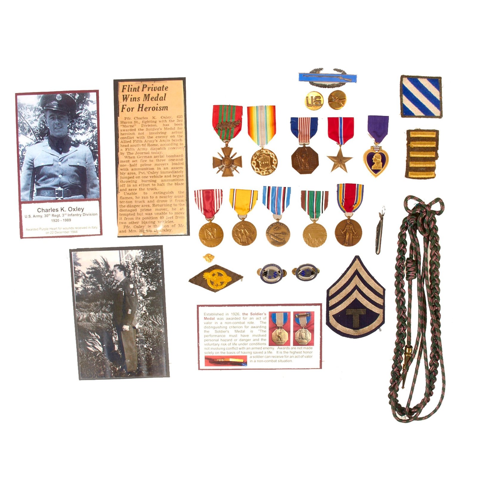Buy Original U.S. WWII 3rd Infantry Division Purple Heart & Soldiers Medal Grouping to Sergeant Charles K. Oxley, 30th Infantry Regiment - Engraved Gov’t Replacement Medals | Original Firearms Antique For Sale