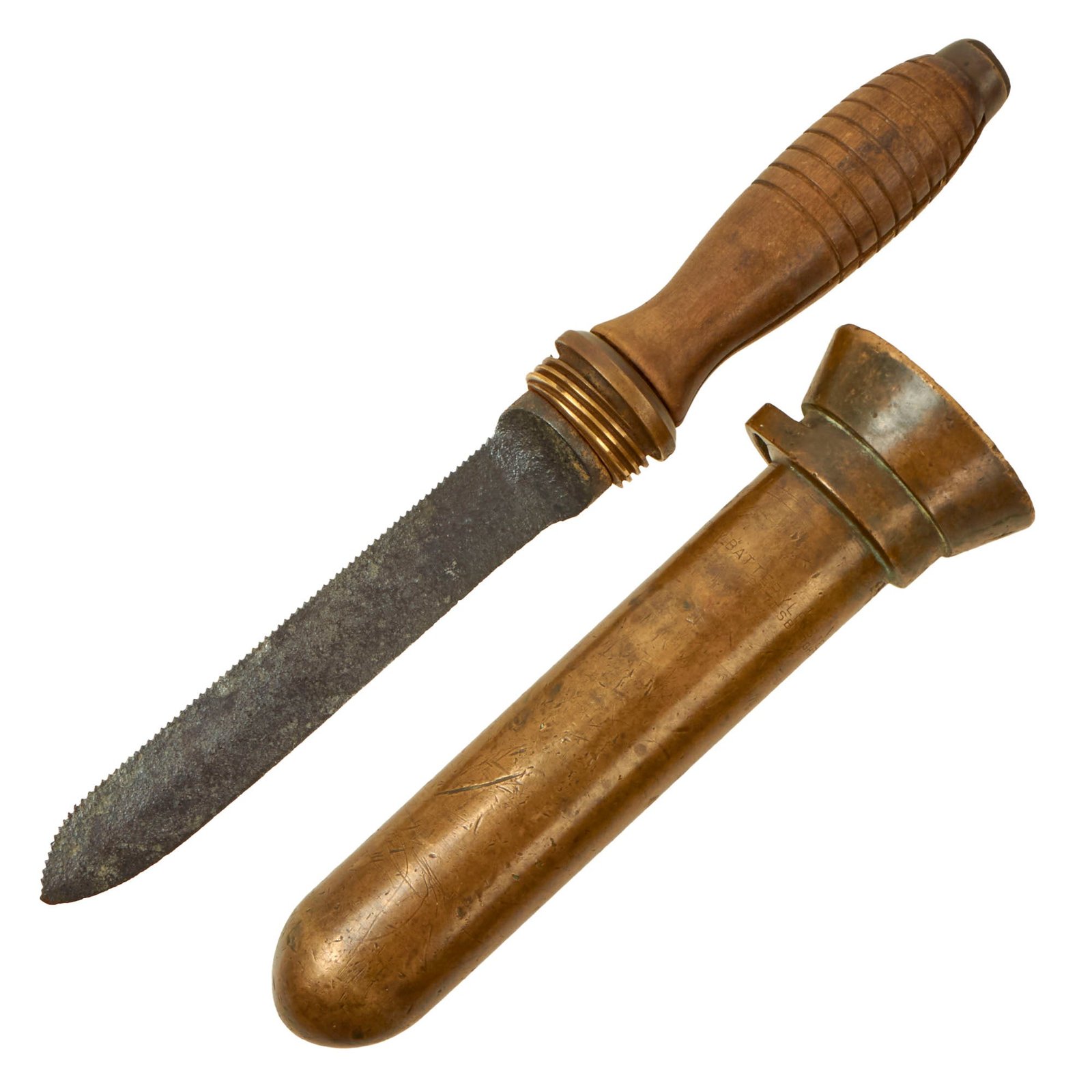 Buy Original U.S. WWII Batteryless Tel. Equipment MK 5 Deep Sea Dive Knife with Brass Scabbard - Service Worn | Original Firearms Antique For Sale