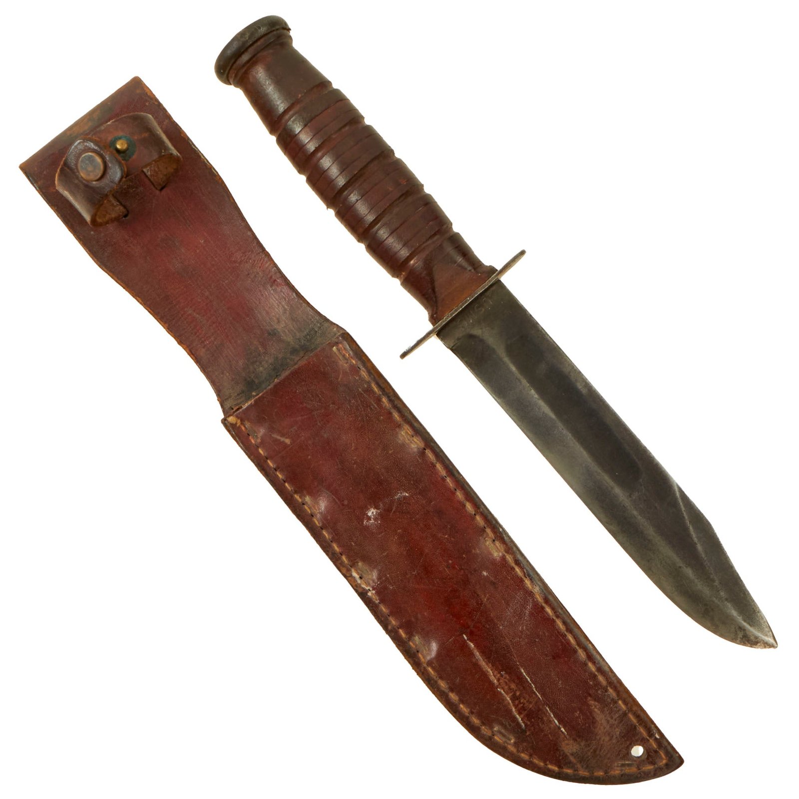 Buy Original U.S. WWII USMC Early Blade-Marked Mark 2 KA-BAR Fighting Knife in Leather Sheath | Original Firearms Antique For Sale