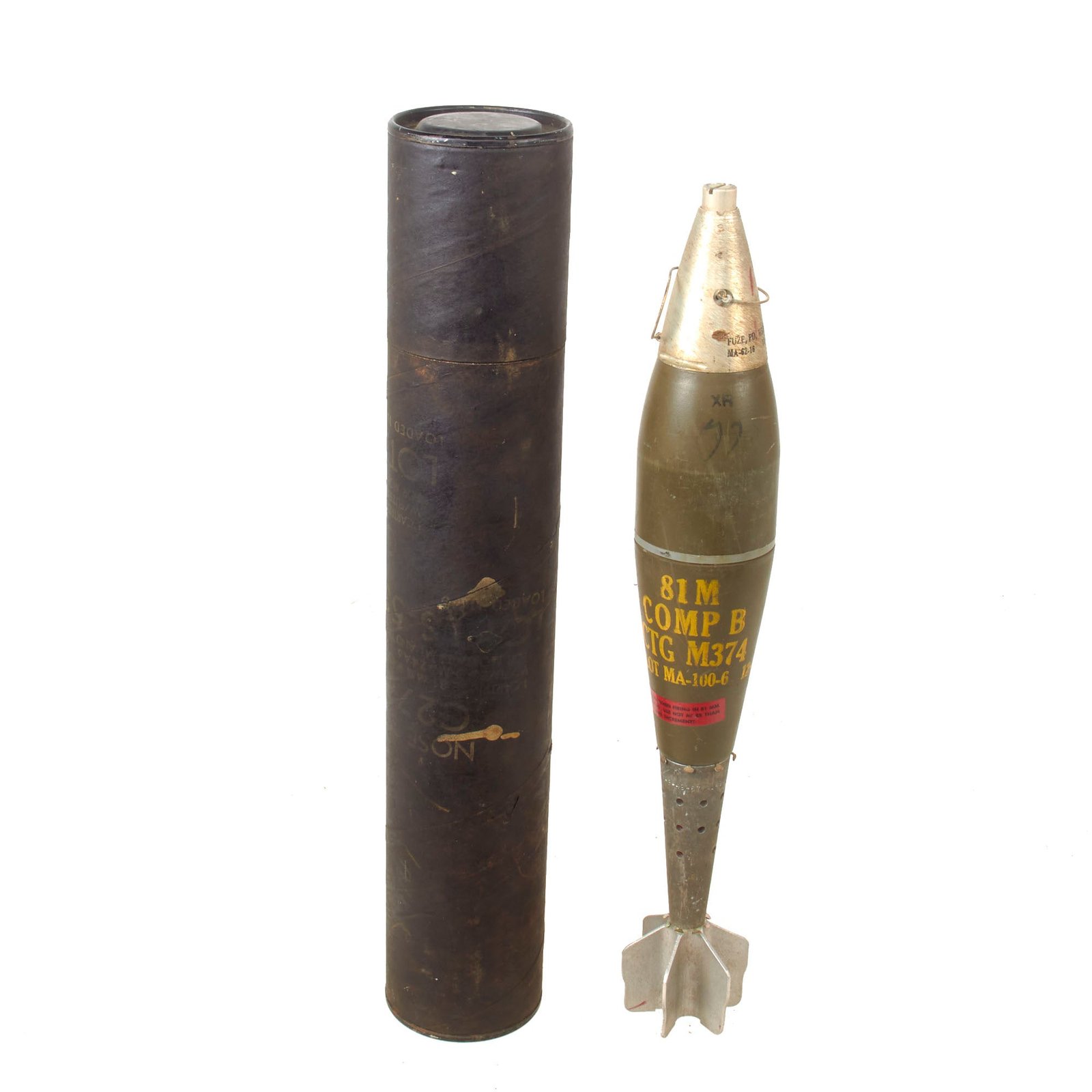 Buy Original U.S. Vietnam War Excellent Inert M374 HE 81mm Mortar Round with M524A5 Fuze in Original Husk - Dated 1967 | Original Firearms Antique For Sale