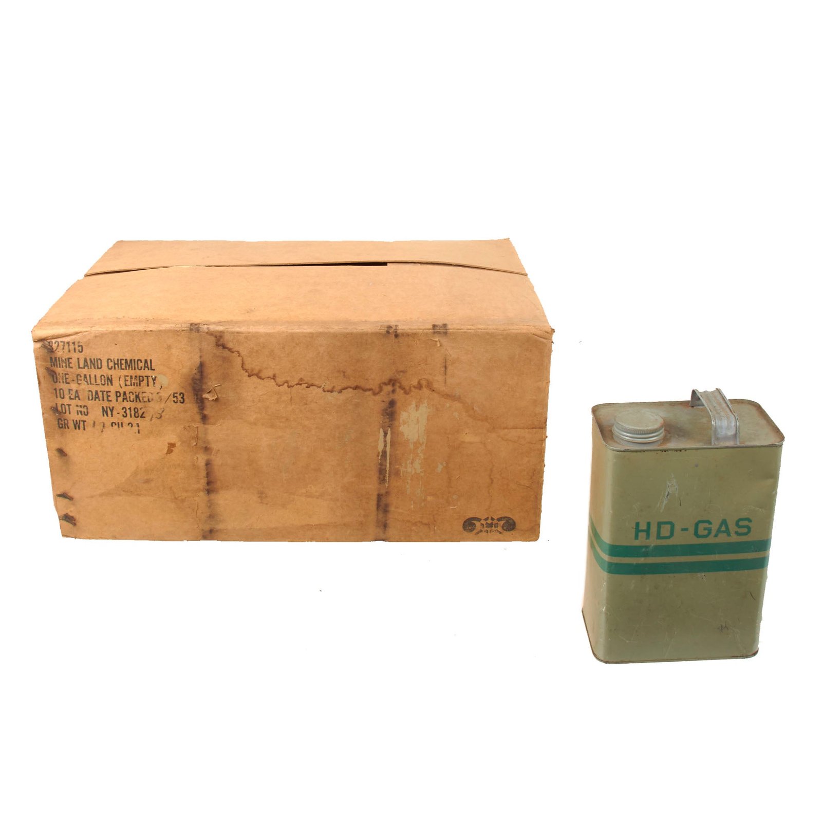 Buy Original U.S. Korean War Lot of (5) M1 HD-Gas Chemical Landmine 1 Gallon Cans in Original Transport Box - Inert | Original Firearms Antique For Sale