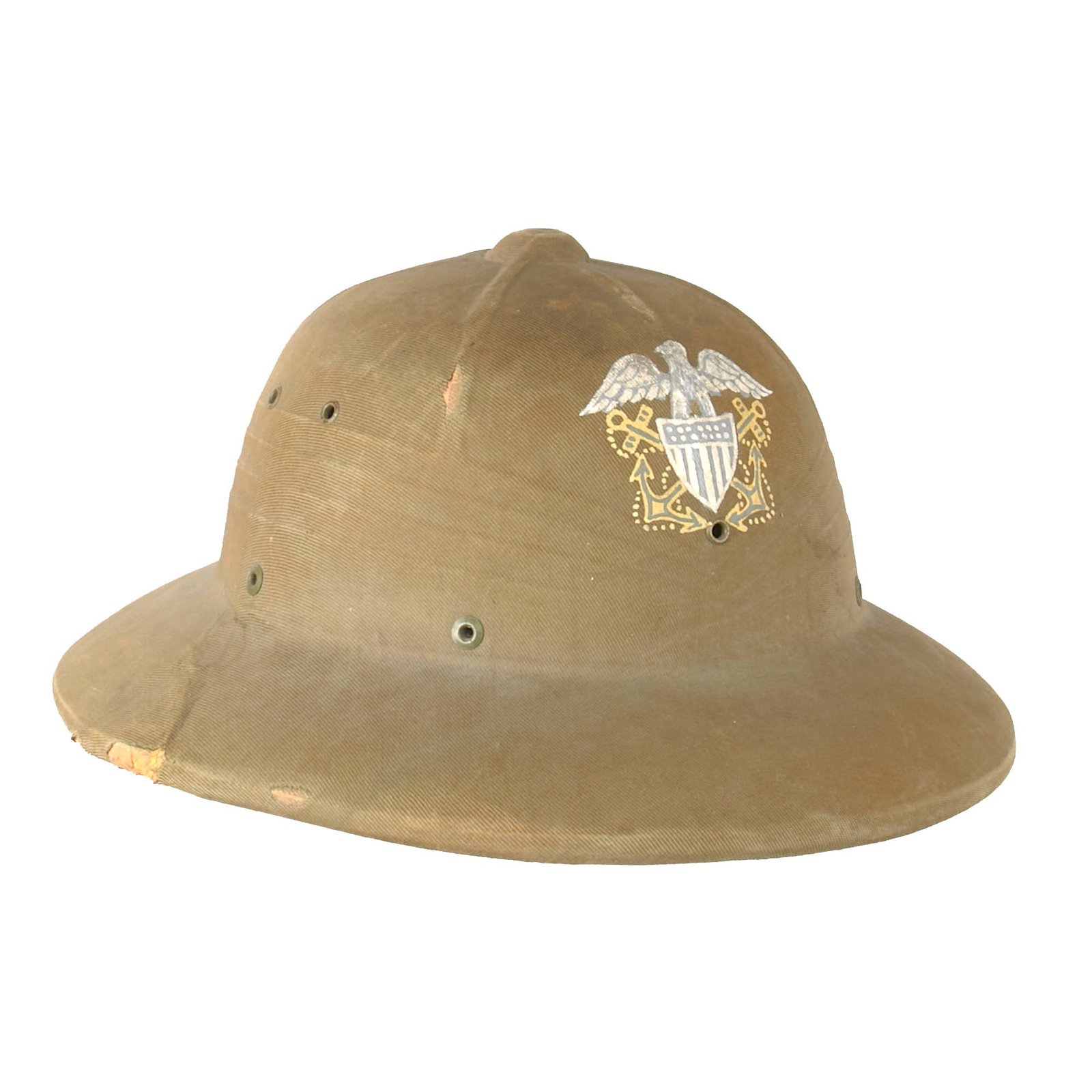 Buy Original U.S. WWII-Era US Navy USMC Issue M-1940 Pressed Fiber Sun Helmet by Hawley with Hand-Painted Navy Officer Insignia | Original Firearms Antique For Sale