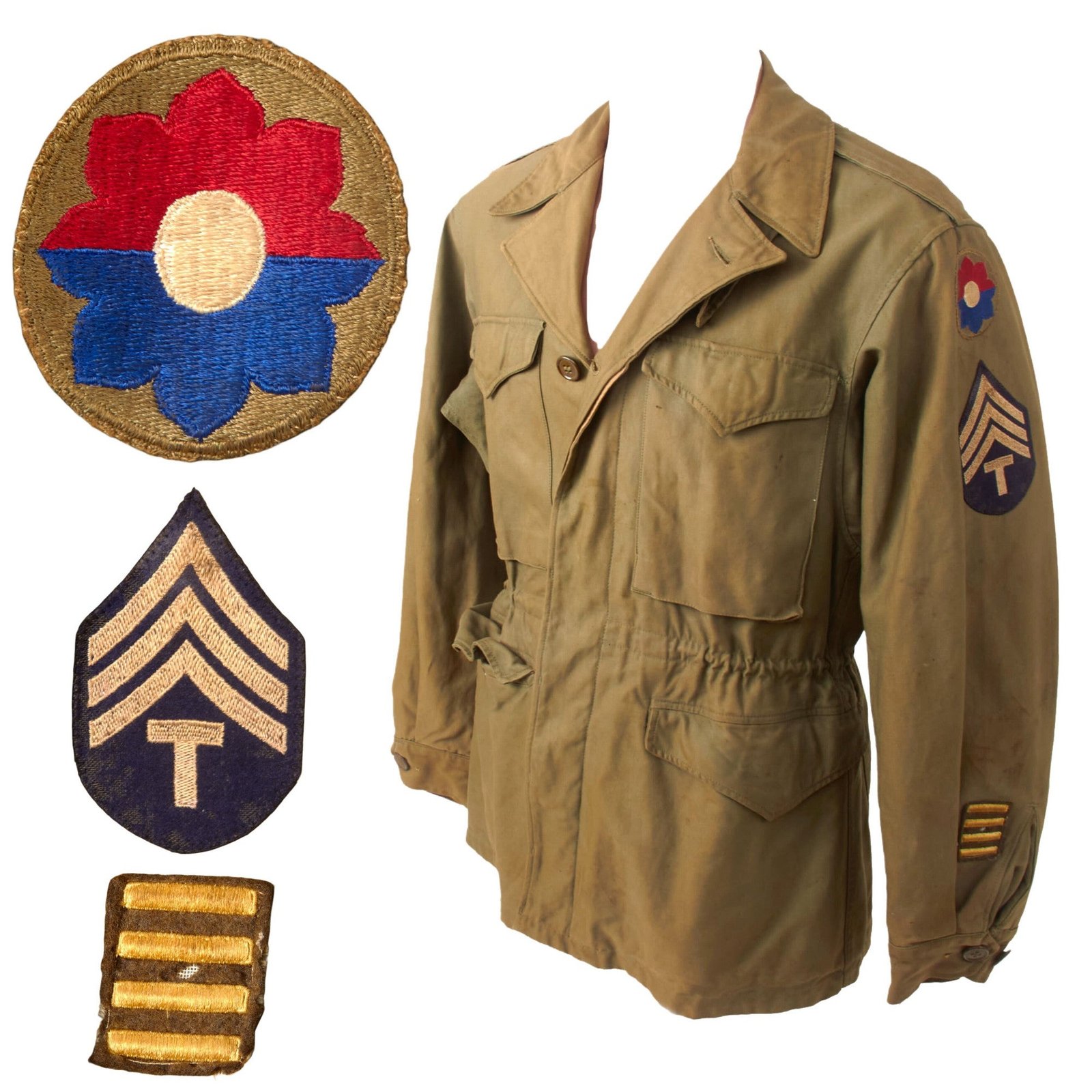 Buy Original U.S. WWII 9th Infantry Division Technical Sergeant’s M-1943 M43 Field Jacket with Period-Applied Insignia | Original Firearms Antique For Sale