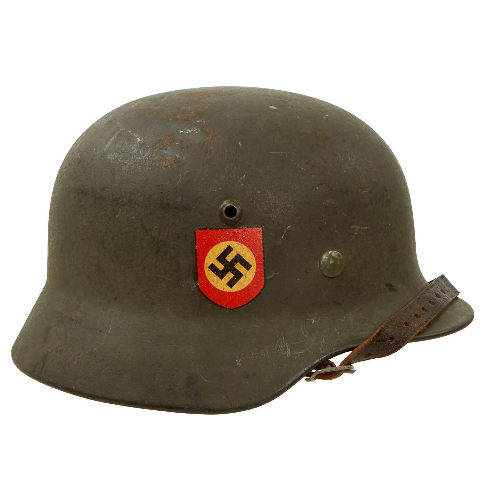 Buy Original German WWII Named Double Decal NSDAP Civic Police M35 Steel Combat Helmet with 55cm Liner & Chinstrap - Size 62 Shell | Original Firearms Antique For Sale