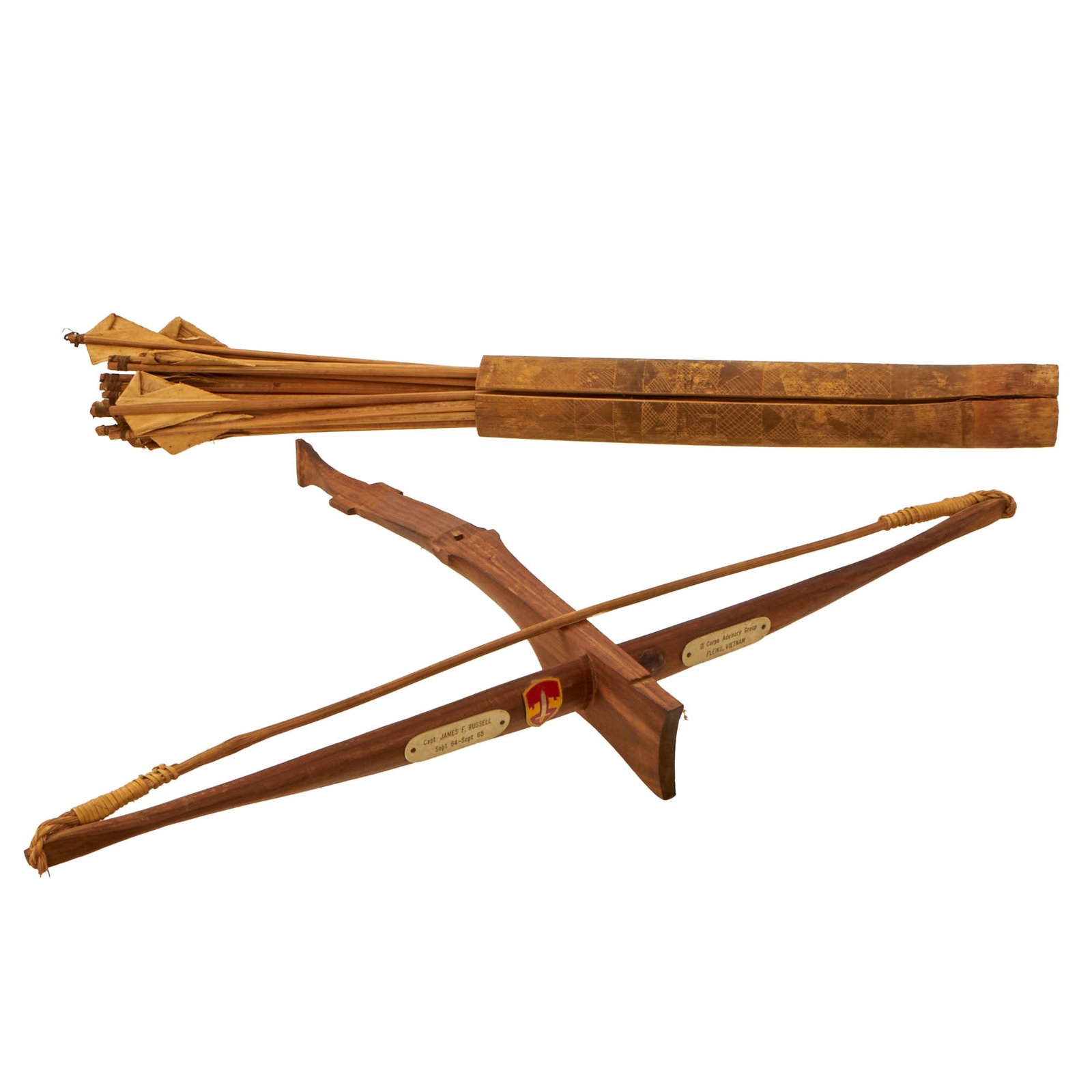 Buy Original U.S. Vietnam War Presentation Montagnard Crossbow with Quiver & Bolts to Captain James F. Russell, U.S. Army Advisor | Original Firearms Antique For Sale