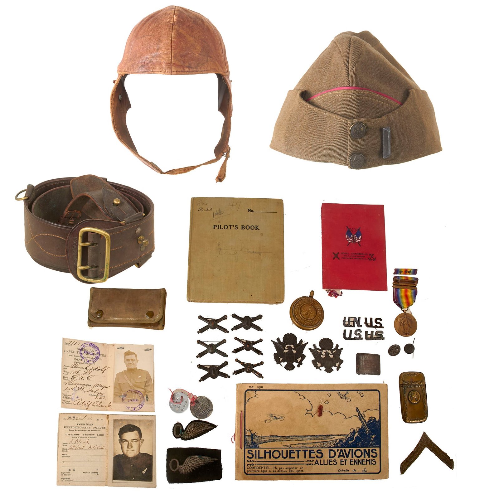 Buy Original U.S. WWI Rare Artillery Observer Bullion Wings & Pilot’s ID Card Grouping of Lieutenant Adolf Blunk with British-Made Glengarry Style Cap & Dog Tag | Original Firearms Antique For Sale