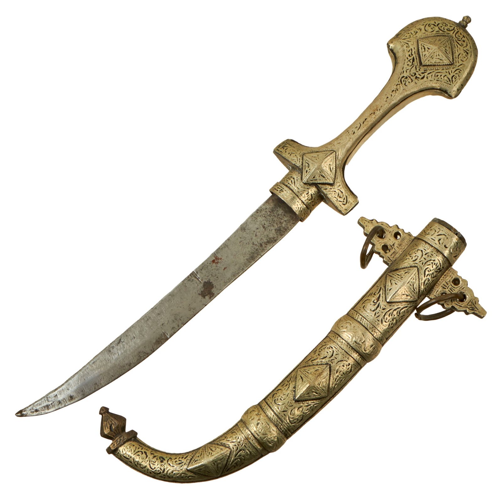 Buy Original 19th Century North African - Arabian Jambiya Dagger with Embossed Brass & Silver Clad Hilt & Scabbard - Circa 1850 | Original Firearms Antique For Sale