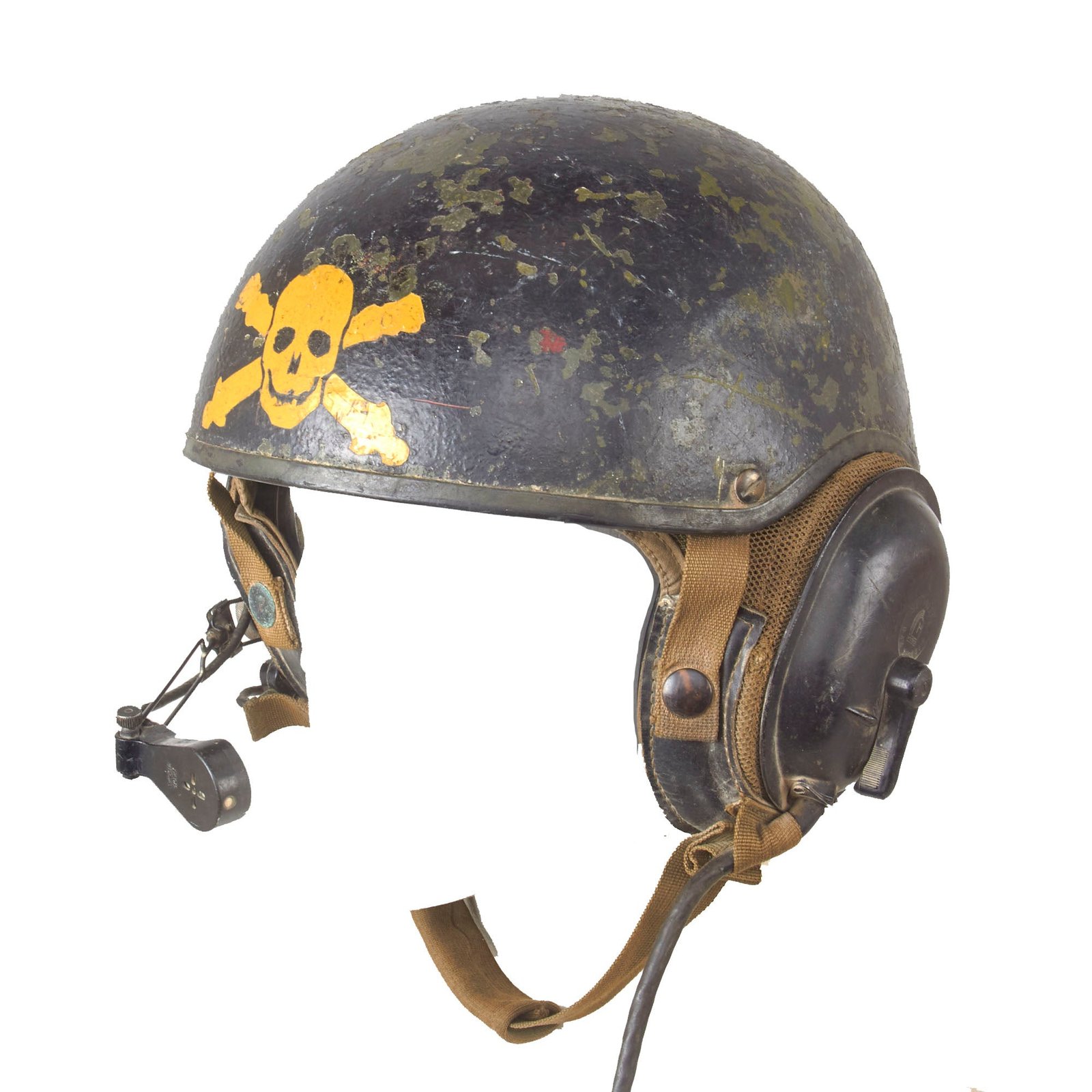 Buy Original U.S. Gulf War Desert Storm CVC DH-132A Tanker Helmet by Gentex with Black Paint & Period Skull & Crossbones Artwork - Dated 1978 | Original Firearms Antique For Sale