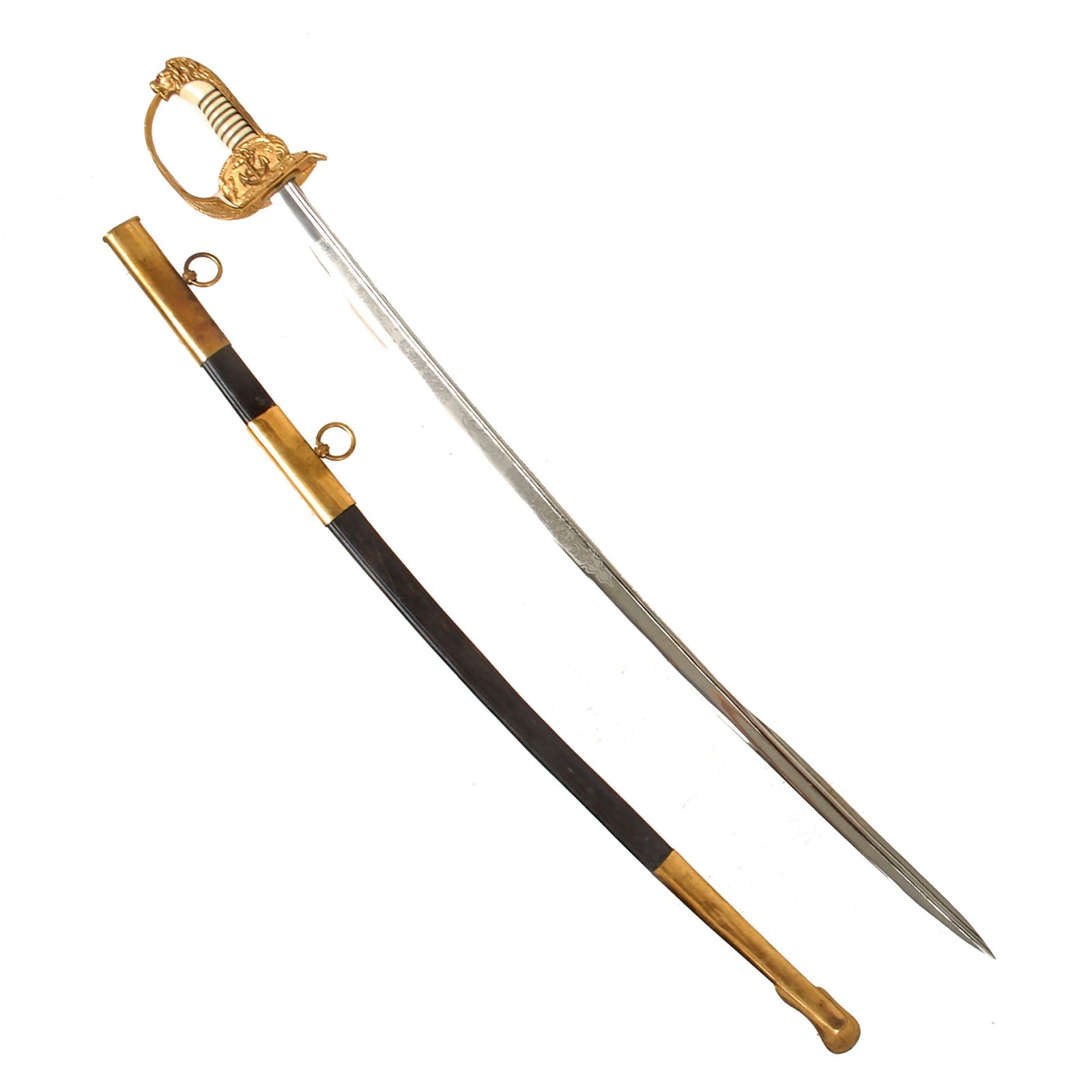 Buy Original German WWII Kriegsmarine Navy Officer Lion Head Sword by E. & F. Hörster with Triple Etched Pipe Back Blade and Leather Scabbard | Original Firearms Antique For Sale
