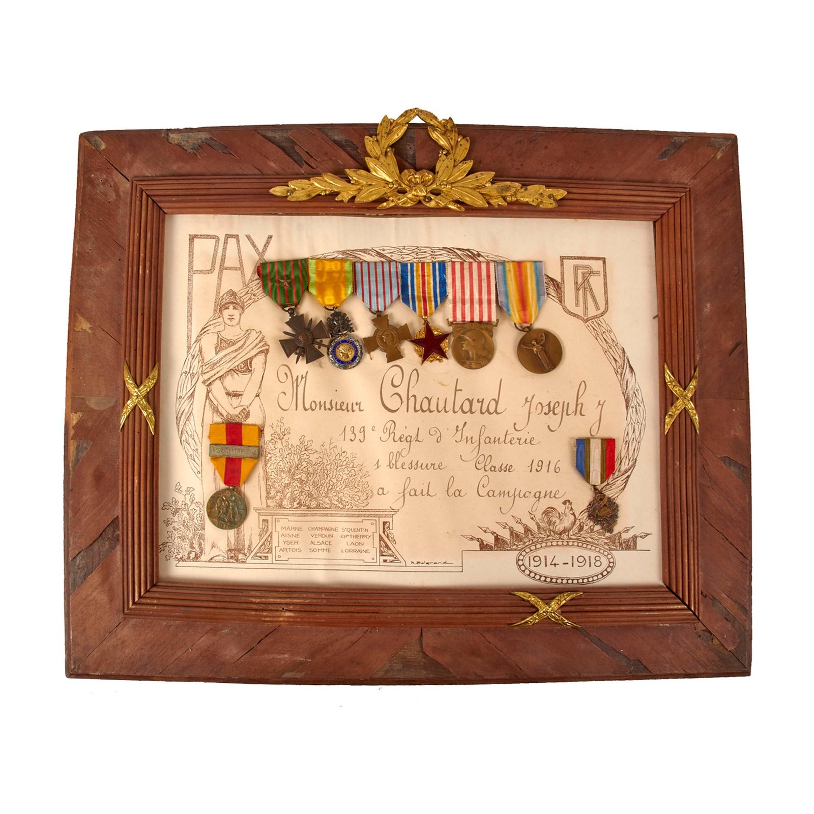 Buy Original French WWI Named and Framed 1914-1918 Service Certificate With (8) Medals Attached - 17½ x 21½” | Original Firearms Antique For Sale