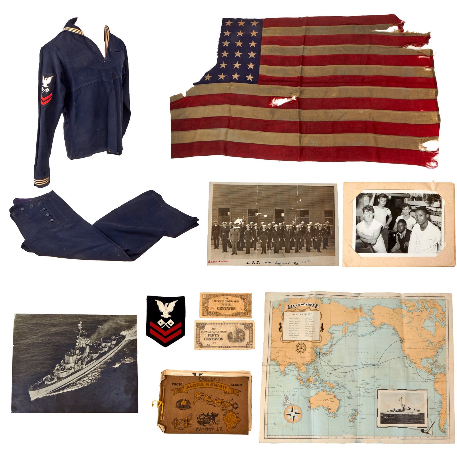 Buy Original U.S. WWII USS Major Uniform & Flag Grouping of Navy Signalman James E. Cassidy with Photo Album & Tattered U.S. Flag Saved During Hurricane of 1945 - 39 x 71” | Original Firearms Antique For Sale