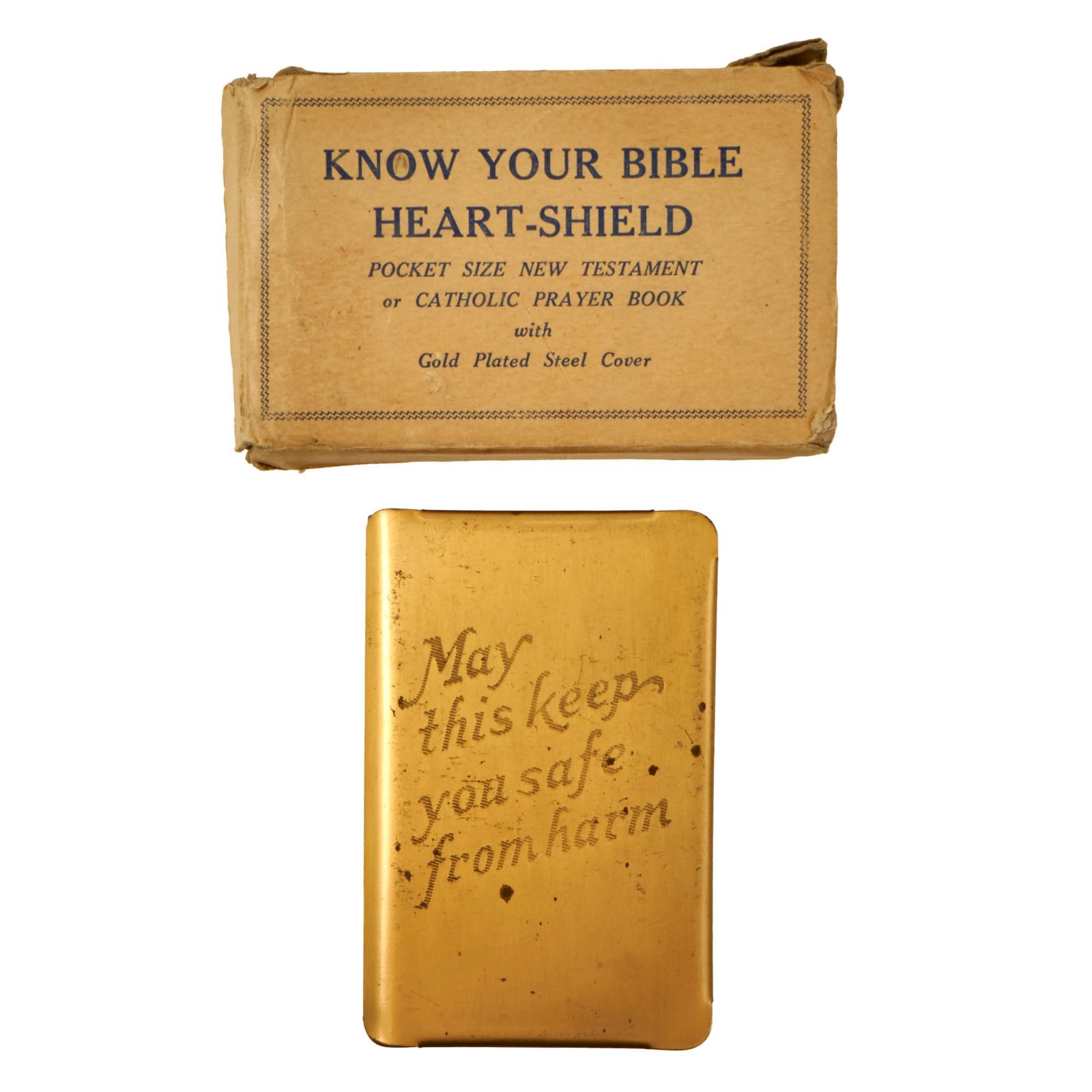 Buy Original U.S. WWII Named “May This Keep You From Harm” New Testament Gold-Plated Heart-Shield Breast Pocket Bible in Original Box | Original Firearms Antique For Sale