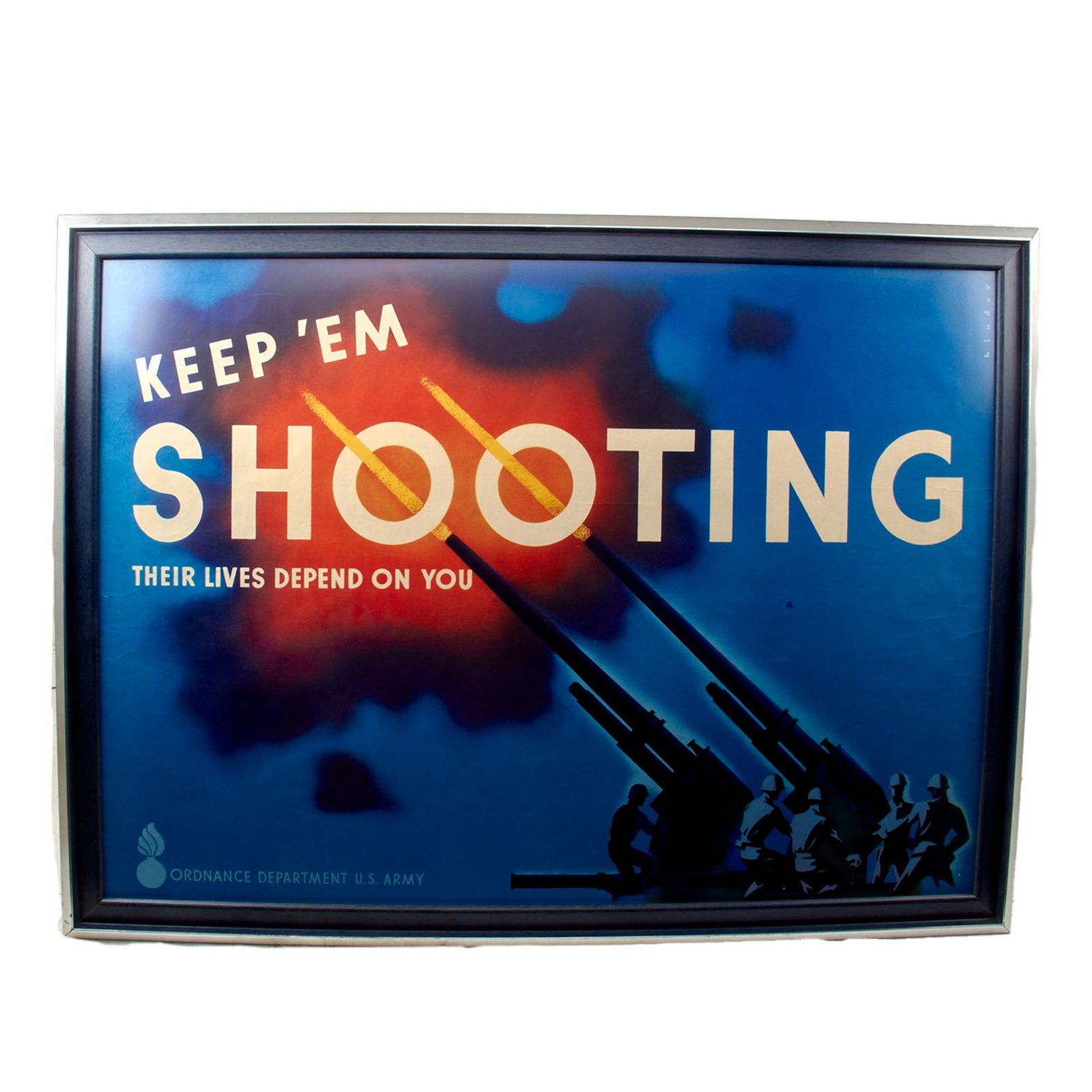 Buy Original U.S. WWII Large Framed "Keep'em Shooting - Their Lives Depend On You" Ordnance Department Poster - Scarce - 31¼ x 42½” | Original Firearms Antique For Sale