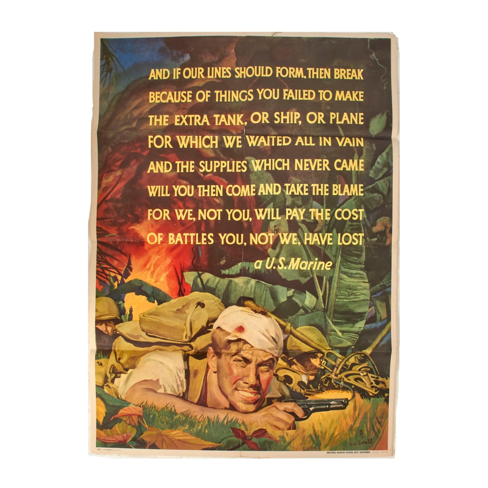 Buy Original U.S. WWII USMC “And If Our Lines Should Form, Then Break” Propaganda Poster - Scarce - 30 x 39½” | Original Firearms Antique For Sale