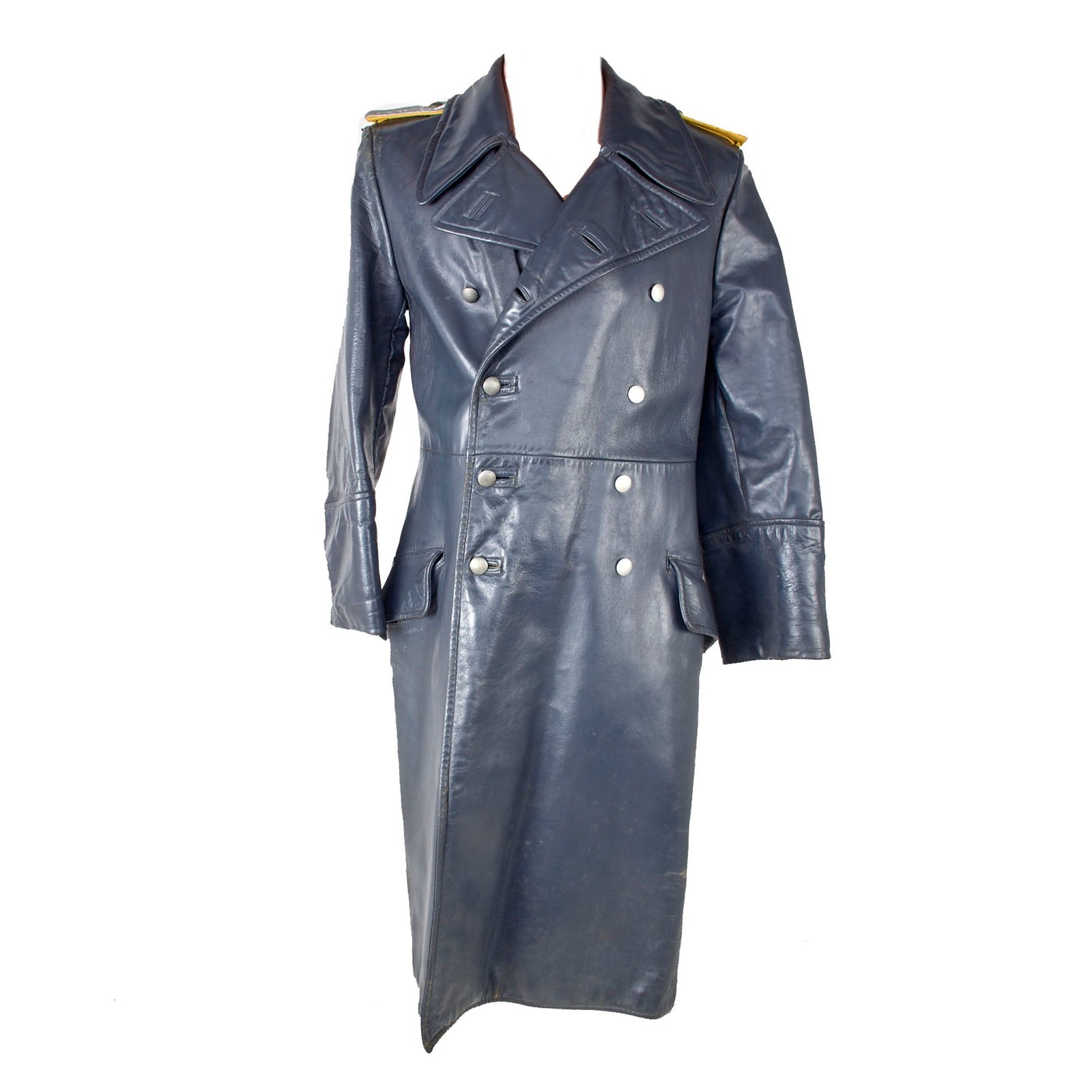Original German WWII Heer Army Signals Leutnant Officer's Gray Leather Greatcoat with Dagger Hanger and Period Train Ticket