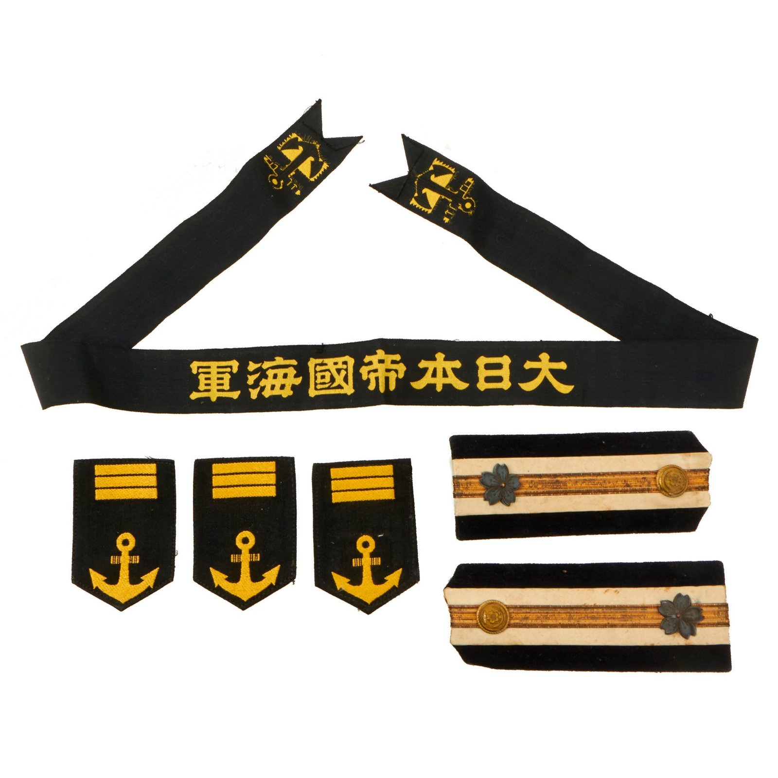 Buy Original Japanese WWII Imperial Japanese Navy Shoulder Board, Cap Tally & Collar Tab Lot - 6 Items Total | Original Firearms Antique For Sale