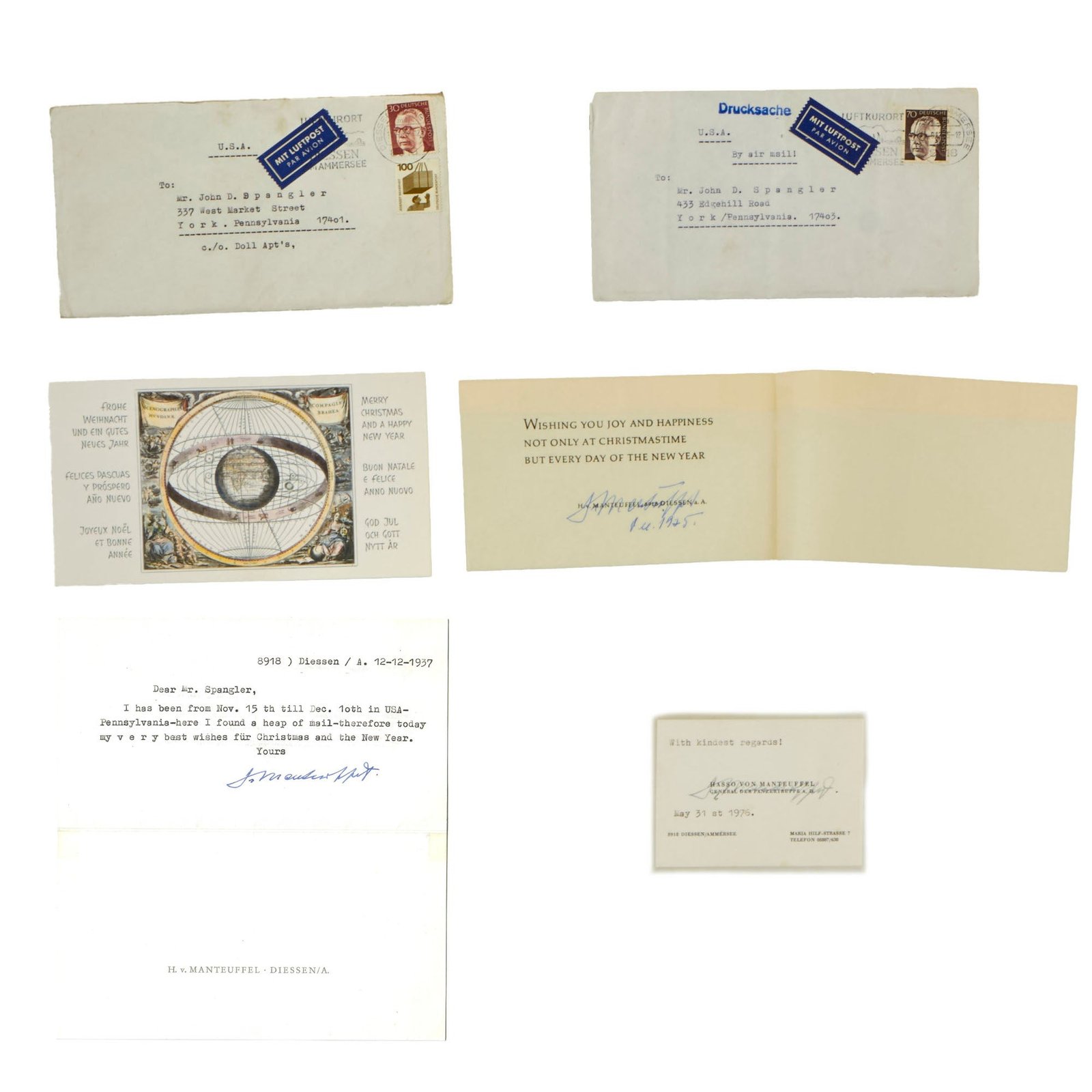 Buy Original Signed Calling Card and Two Letters from German WWII General der Panzertruppe Hasso von Manteuffel Sent to John D. Spangler - dated 1973-1976 | Original Firearms Antique For Sale