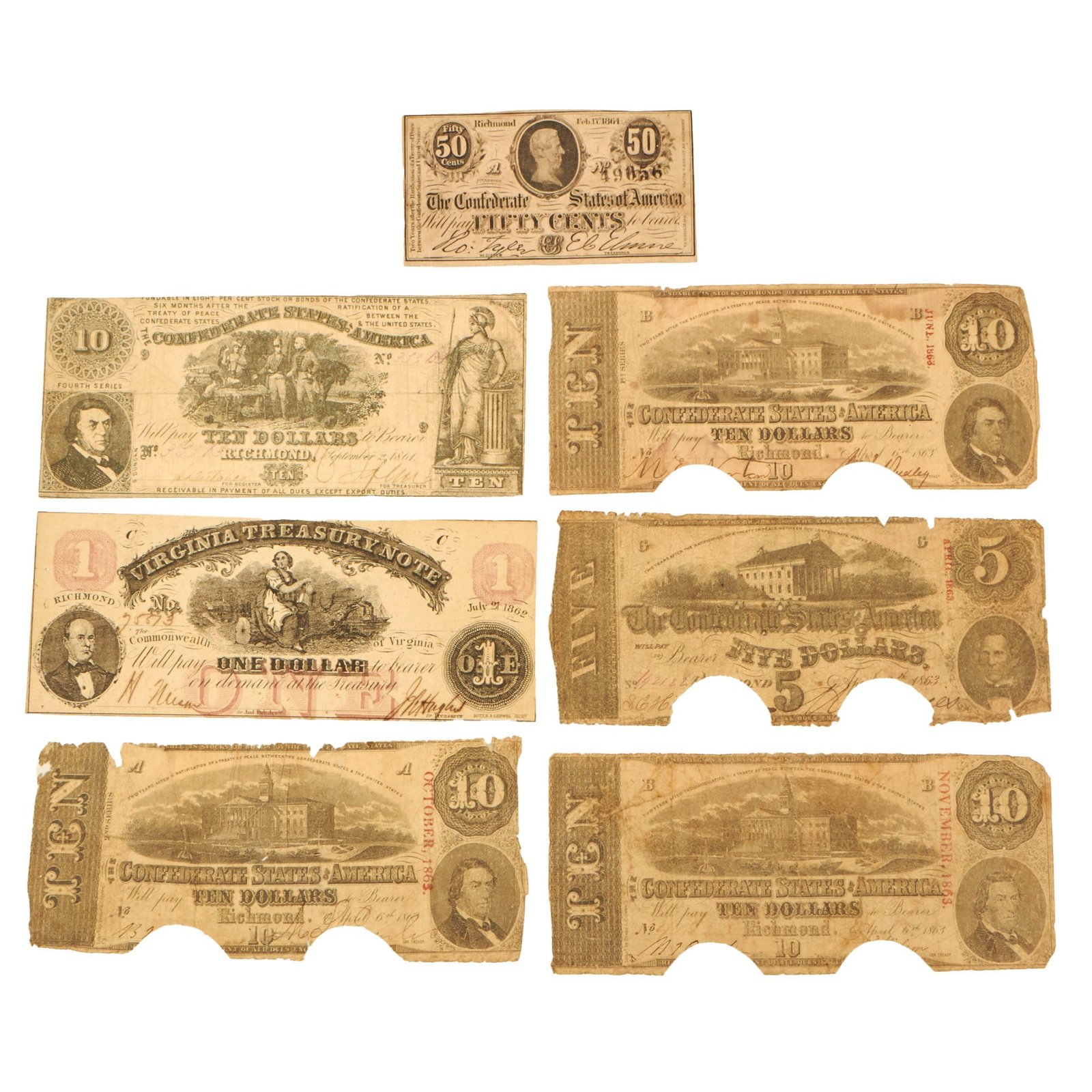 Buy Original U.S. Civil War Confederate Currency & Virginia Treasury Note Lot - 7 Pieces Total | Original Firearms Antique For Sale