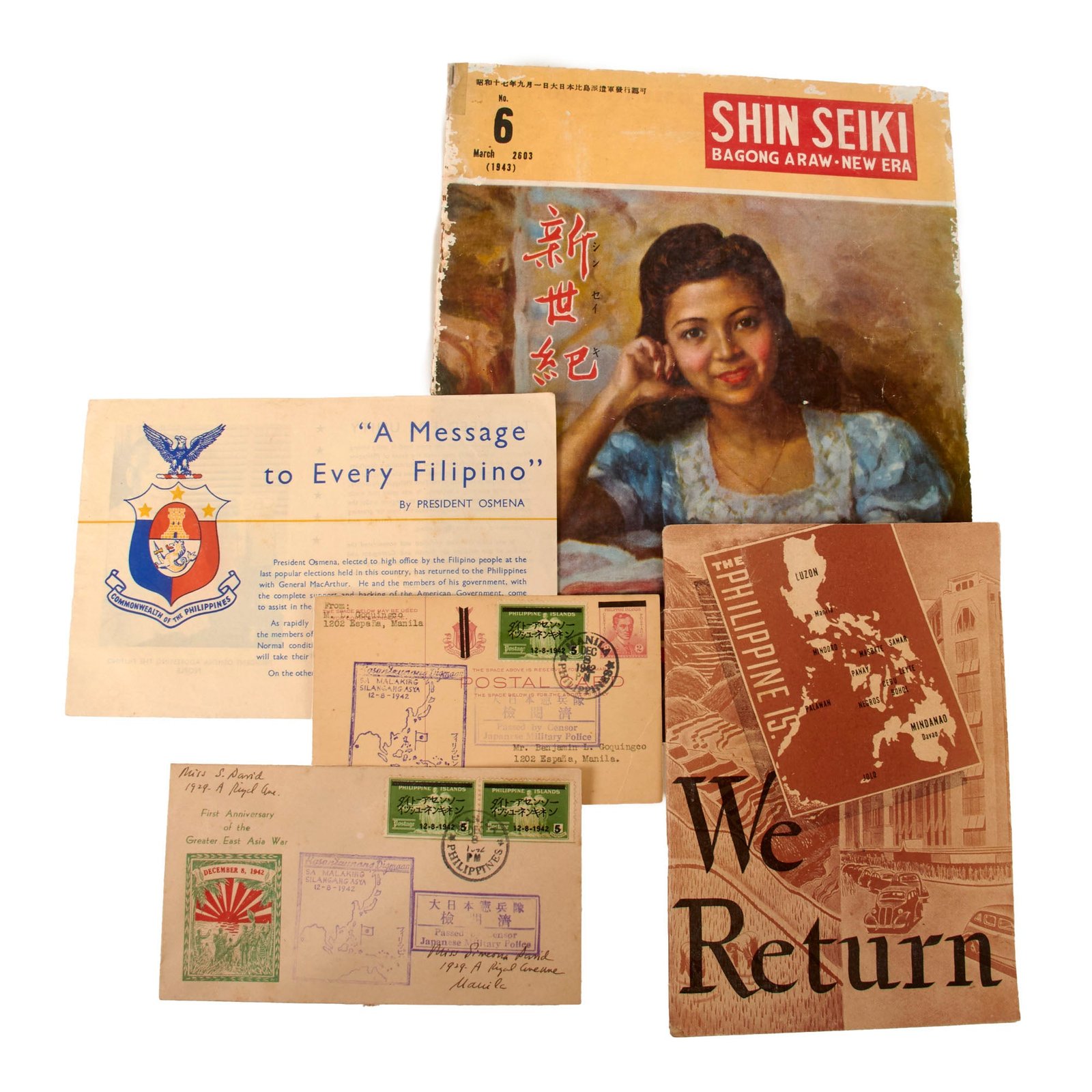 Original Japanese WWII Philippine Occupation Propaganda & Ephemera Lot - Propaganda Book, Japanese-Censored Mail Covers & Leaflet