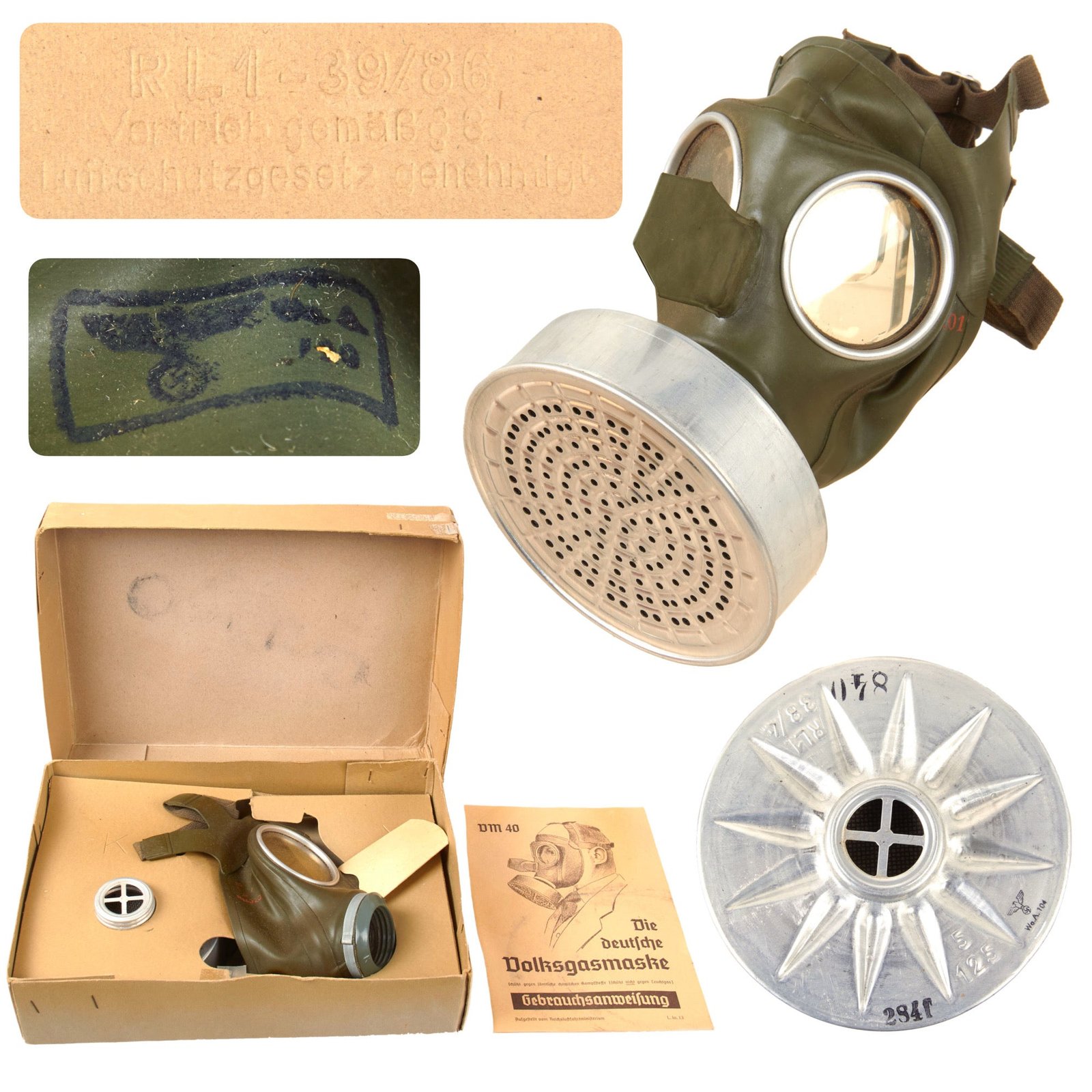 Original German WWII Gas Mask & Filter for Small Children in Original Box with Waffenamt Stamps