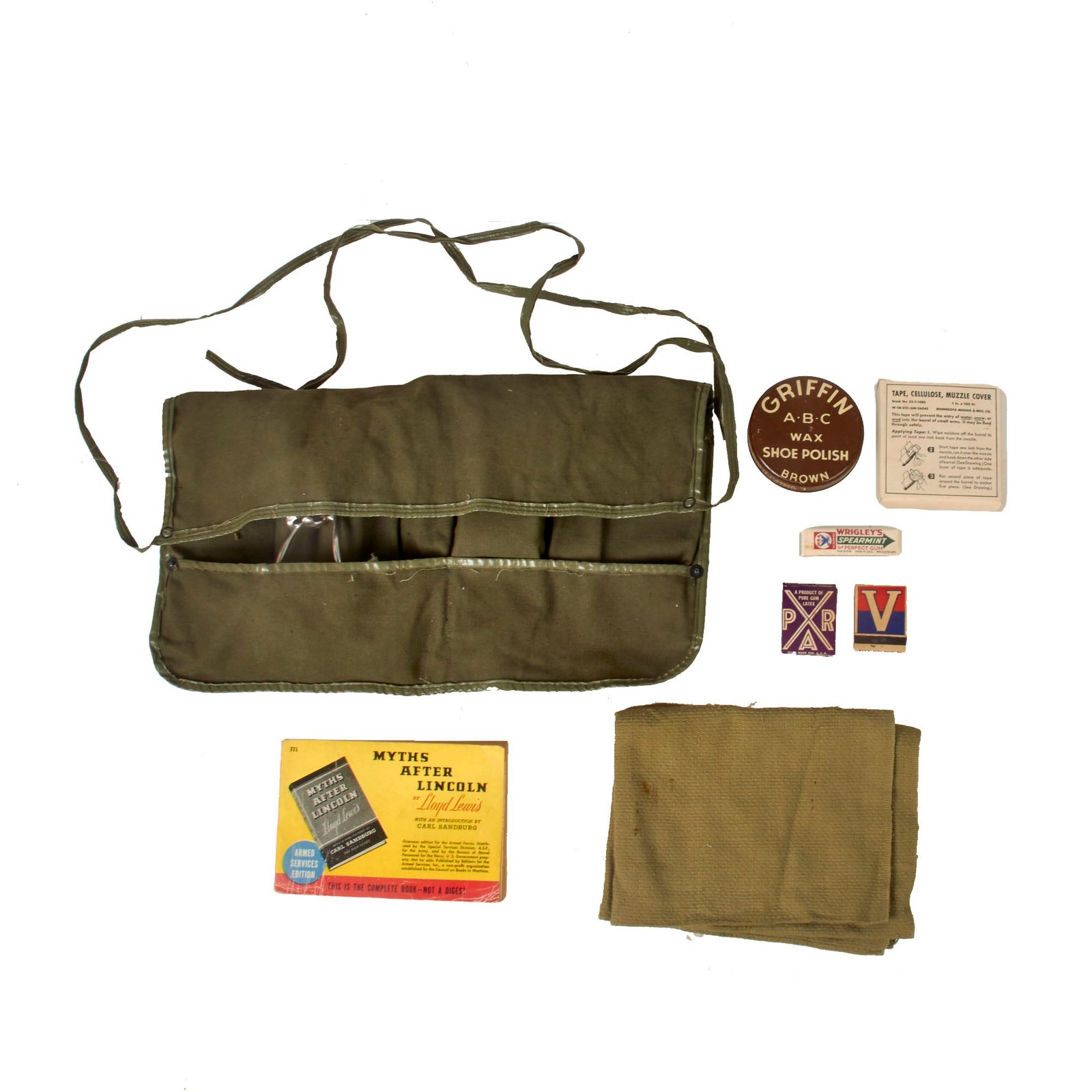 Buy Original U.S. WWII Personal Effect Items Lot Including Great Roll-Up Toiletries Kit, Unused Cellulose Muzzle Cover Tape & Sealed Shoe Polish | Original Firearms Antique For Sale