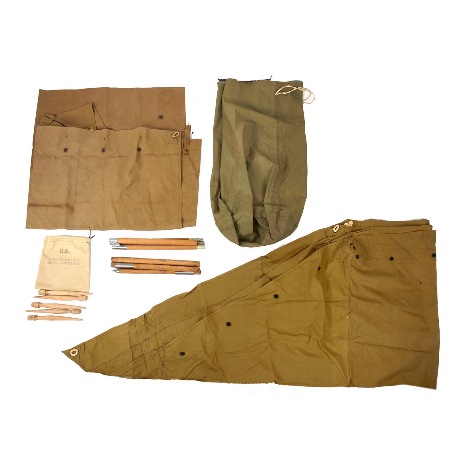 Original U.S. WWII Early Style Shelter Tent with Peg Bag & Early Pattern Collapsible Tent Poles - Rare