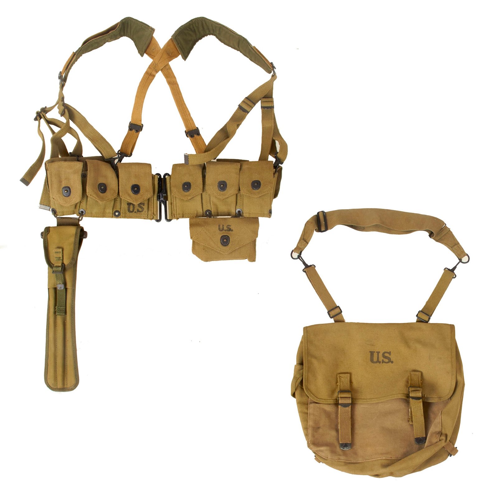Buy Original U.S. WWII M1923 Cartridge Belt Rig & Named Musette Bag Lot - BAR Part Box & Cleaning Rod Kit | Original Firearms Antique For Sale