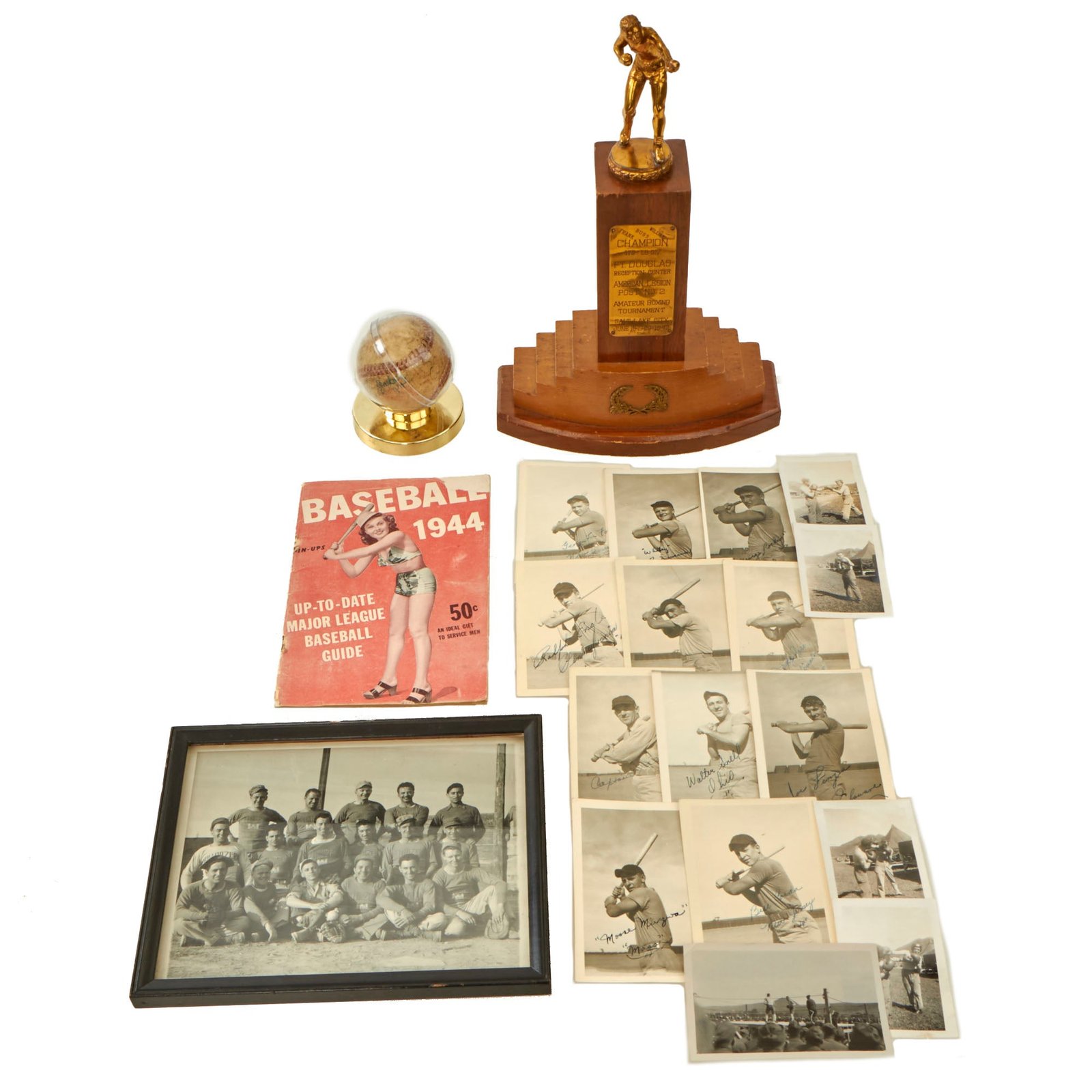 Buy Original U.S. WWII Sports Lot with Guam 1945-Signed Baseball & 1942 Boxing Tournament Trophy with Signed Baseball Photos | Original Firearms Antique For Sale
