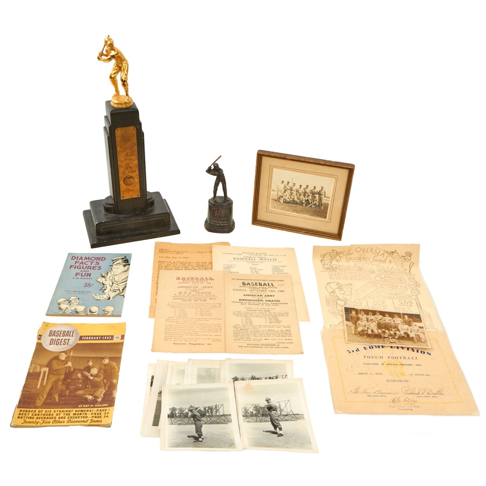 Original U.S. WWII Sports Lot with Two AAF Baseball Trophies & Framed AAF Baseball Photo - Loose Photos & Baseball Digest