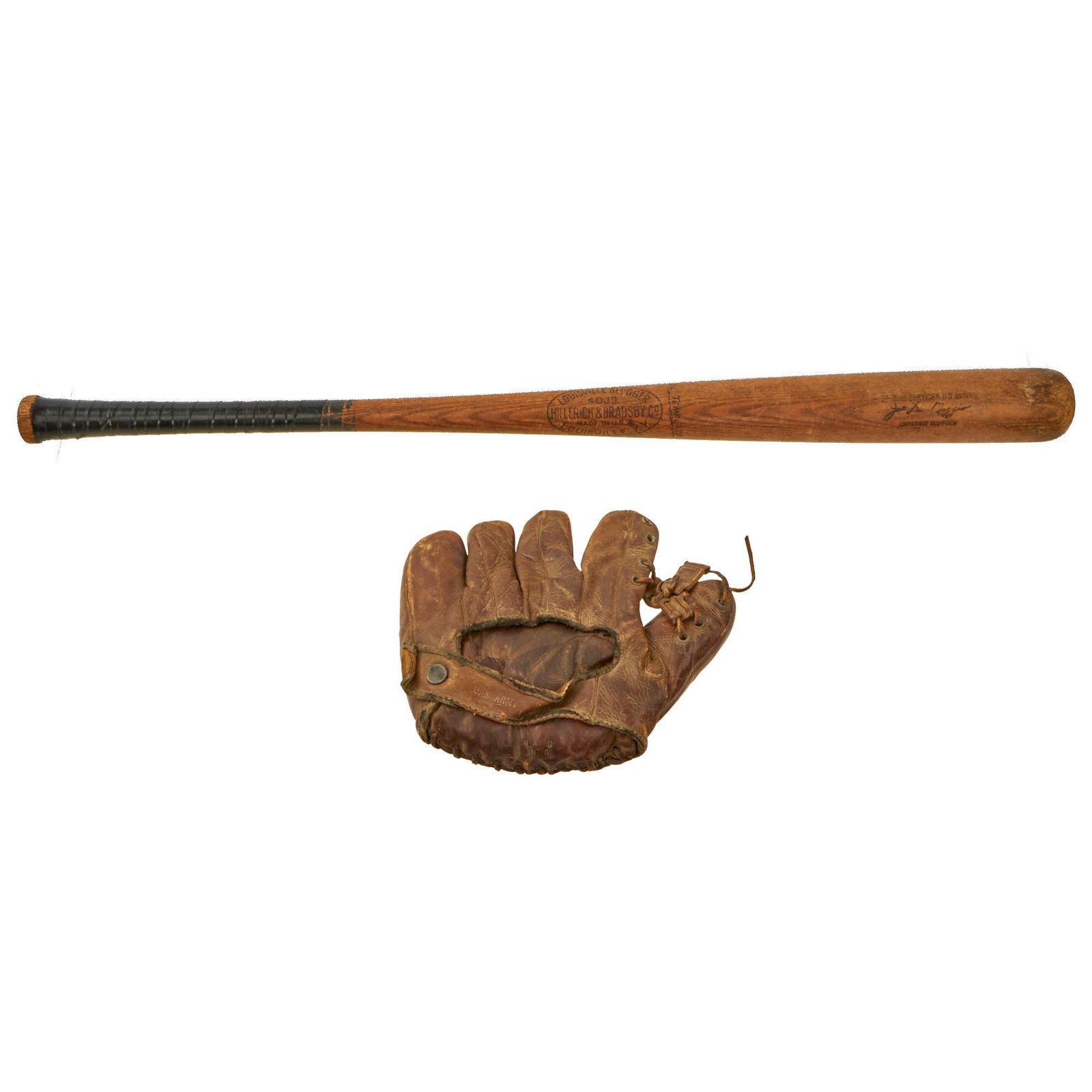 Buy Original U.S. WWII Army Special Services Marked Baseball Bat by Hillerich & Bradsby Co. & Catcher’s Glove Mitt by Goldsmith | Original Firearms Antique For Sale