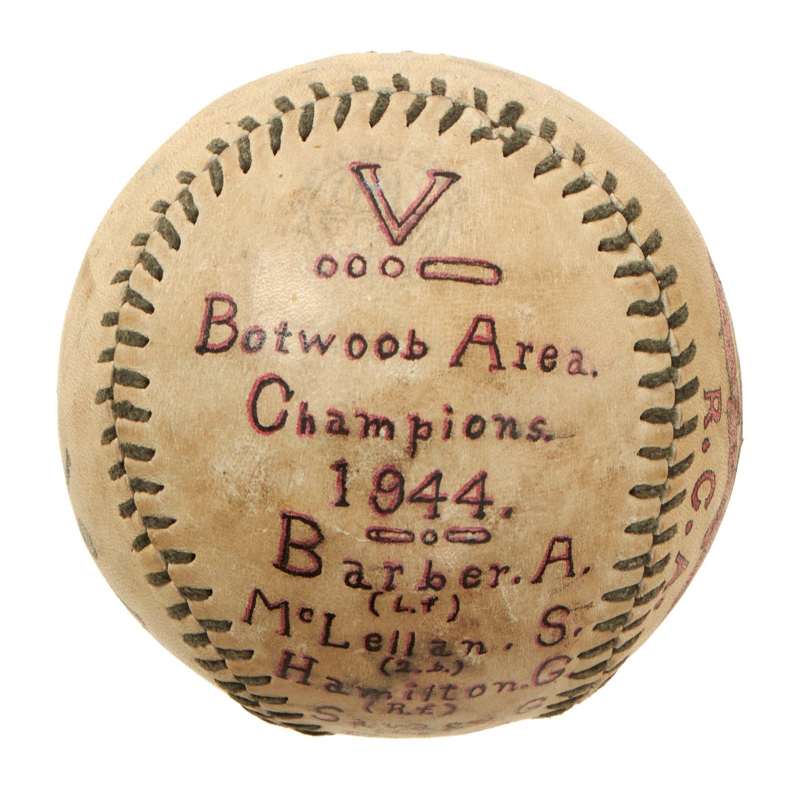 Buy Original Canadian WWII 106th Coastal Artillery Battery Signed & Painted Softball by Spalding - 1944 Champions of “Botwoob” Area | Original Firearms Antique For Sale