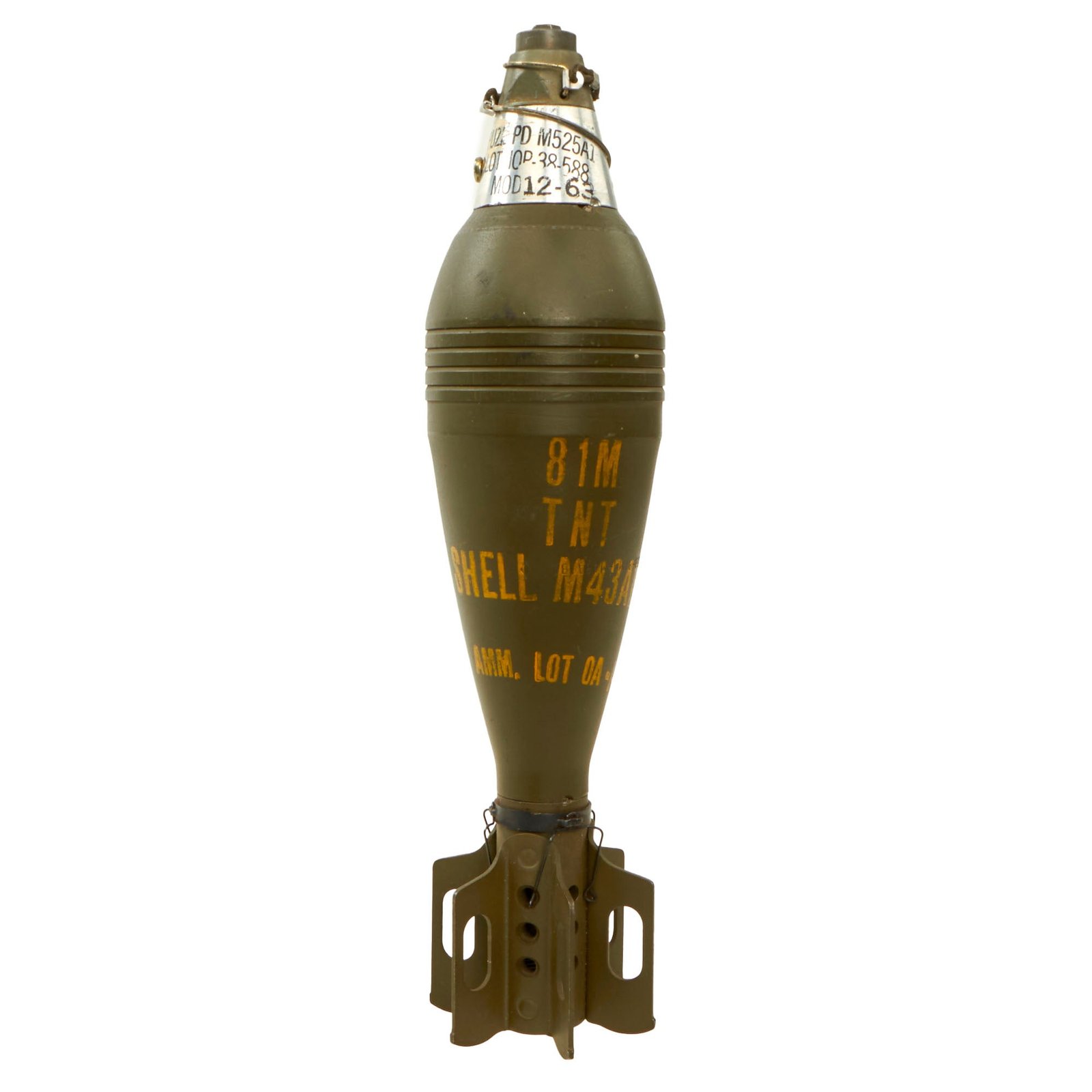Buy Original U.S. Vietnam War Excellent Deactivated 81mm M43A1B1 HE Mortar Shell Round Dated 1953 with 1963-Dated M525A1 Fuze - Inert | Original Firearms Antique For Sale
